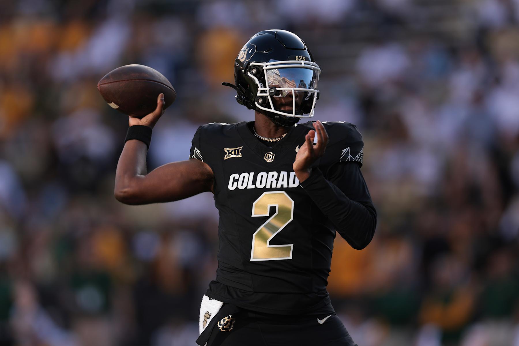 BOULDER, COLORADO - AUGUST 29: Shedeur Sanders #2 of the Colorado Buffaloes warms up prior to the game against the North Dakota State Bison at Folsom Field on August 29, 2024 in Boulder, Colorado. (Photo by Andrew Wevers/Getty Images)
