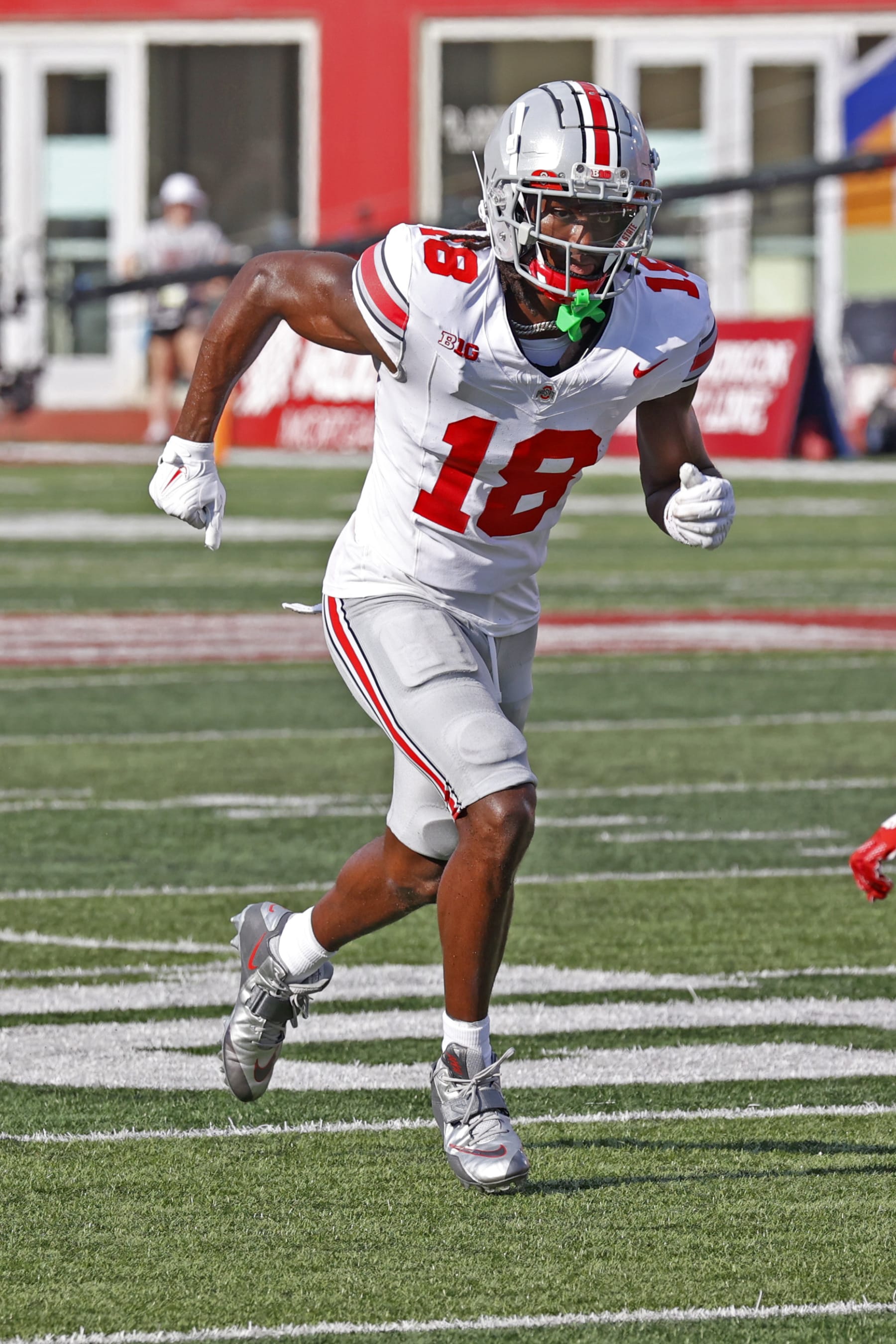 BLOOMINGTON, IN - SEPTEMBER 02: Ohio State Buckeyes wide receiver Marvin Harrison Jr. (18) runs a pass route against the Indiana Hoosiers on September 2, 2023, at Memorial Stadium in Bloomington, Indiana. (Photo by Brian Spurlock/Icon Sportswire via Getty Images)