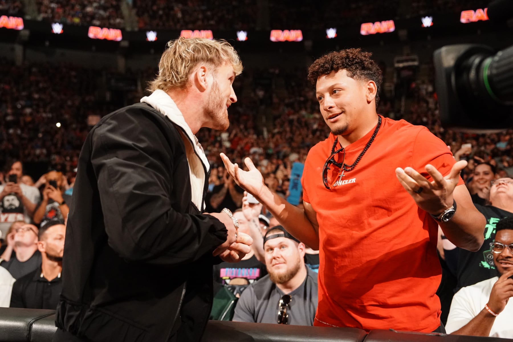 KANSAS CITY, MISSOURI - APRIL 29: Logan Paul borrows Patrick Mahomes Super Bowl rings at T-Mobile Center on April 29, 2024 in Kansas City, Missouri.  (Photo by WWE/Getty Images)