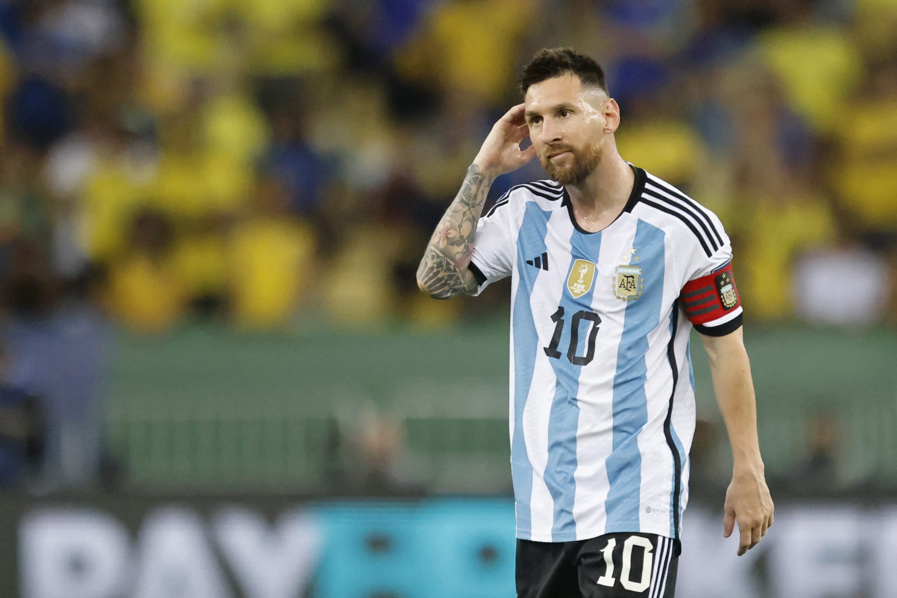 Argentina's forward Lionel Messi gestures during the 2026 FIFA World Cup South American qualification football match between Brazil and Argentina at Maracana Stadium in Rio de Janeiro, Brazil, on November 21, 2023. (Photo by Daniel RAMALHO / AFP) (Photo by DANIEL RAMALHO/AFP via Getty Images)