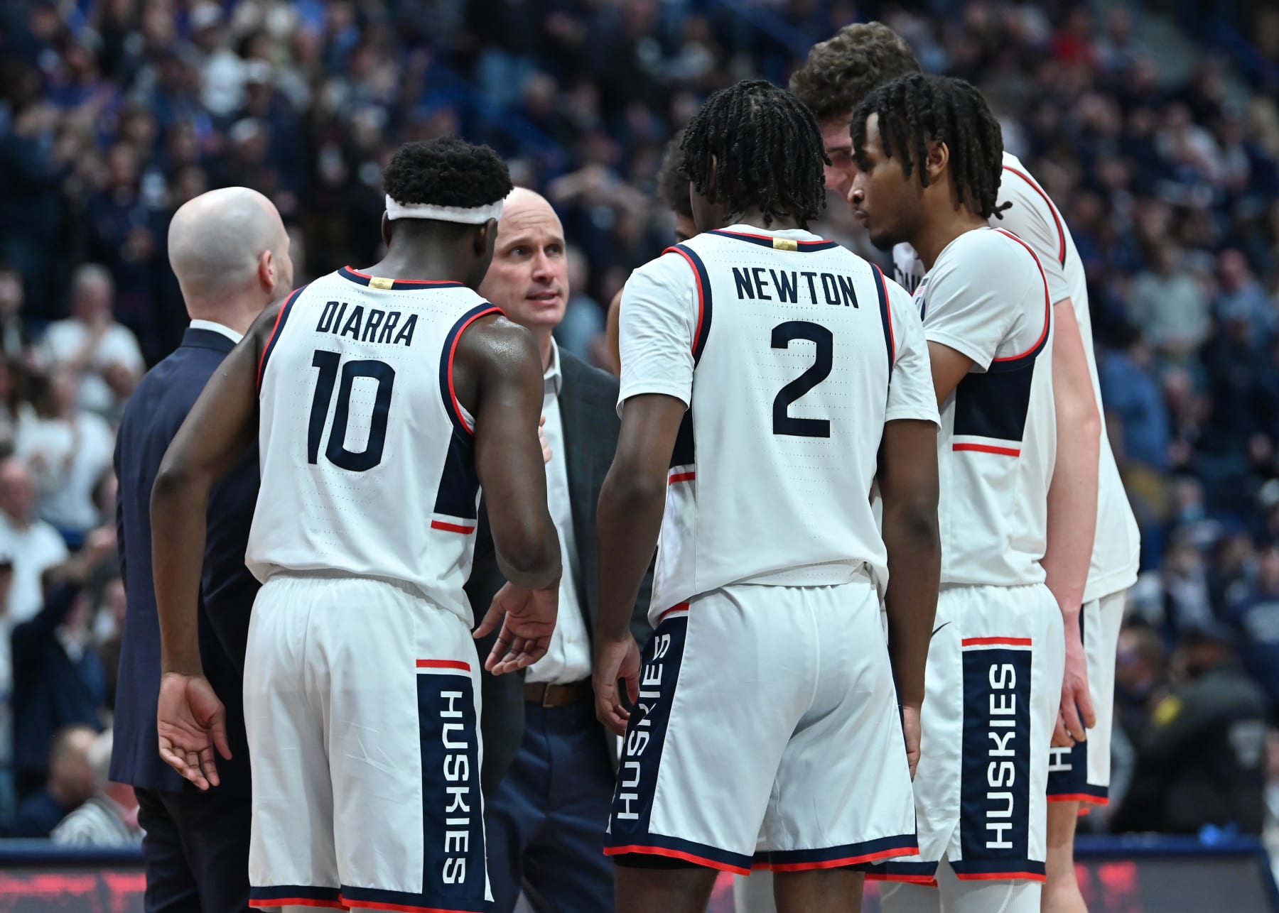 HARTFORD, CT - FEBRUARY 17: UConn Huskies head coach Dan Hurley gives instruction during the timeout in the game as the Marquette Golden Eagles take on the UConn Huskies on February 17, 2024 at the XL Center in Hartford, CT (Photo by Williams Paul/Icon Sportswire via Getty Images)
