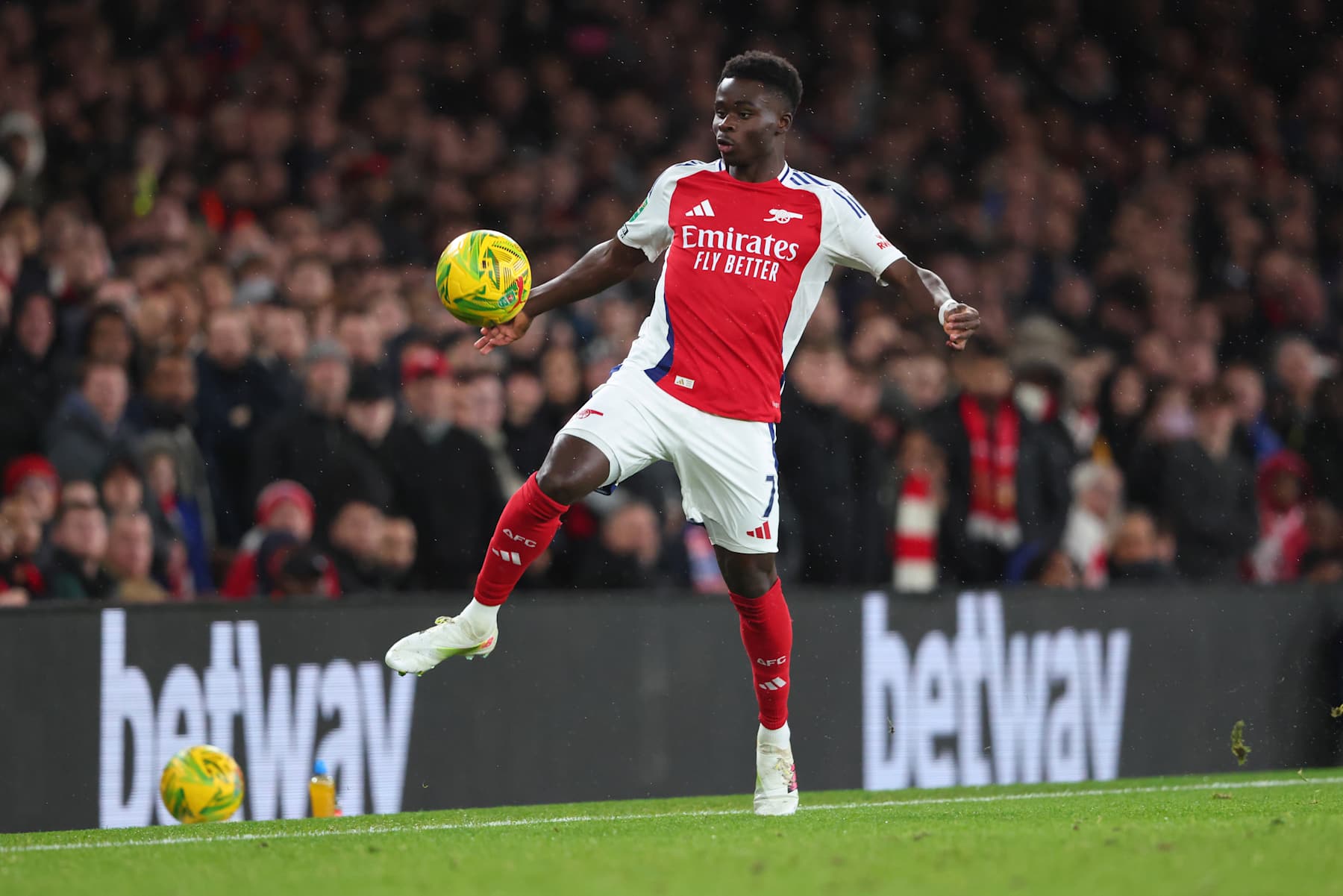 LONDON, ENGLAND - DECEMBER 18: Bukayo Saka of Arsenal  during the Carabao Cup Quarter Final match between Arsenal and Crystal Palace at Emirates Stadium on December 18, 2024 in London, England. (Photo by Marc Atkins/Getty Images)