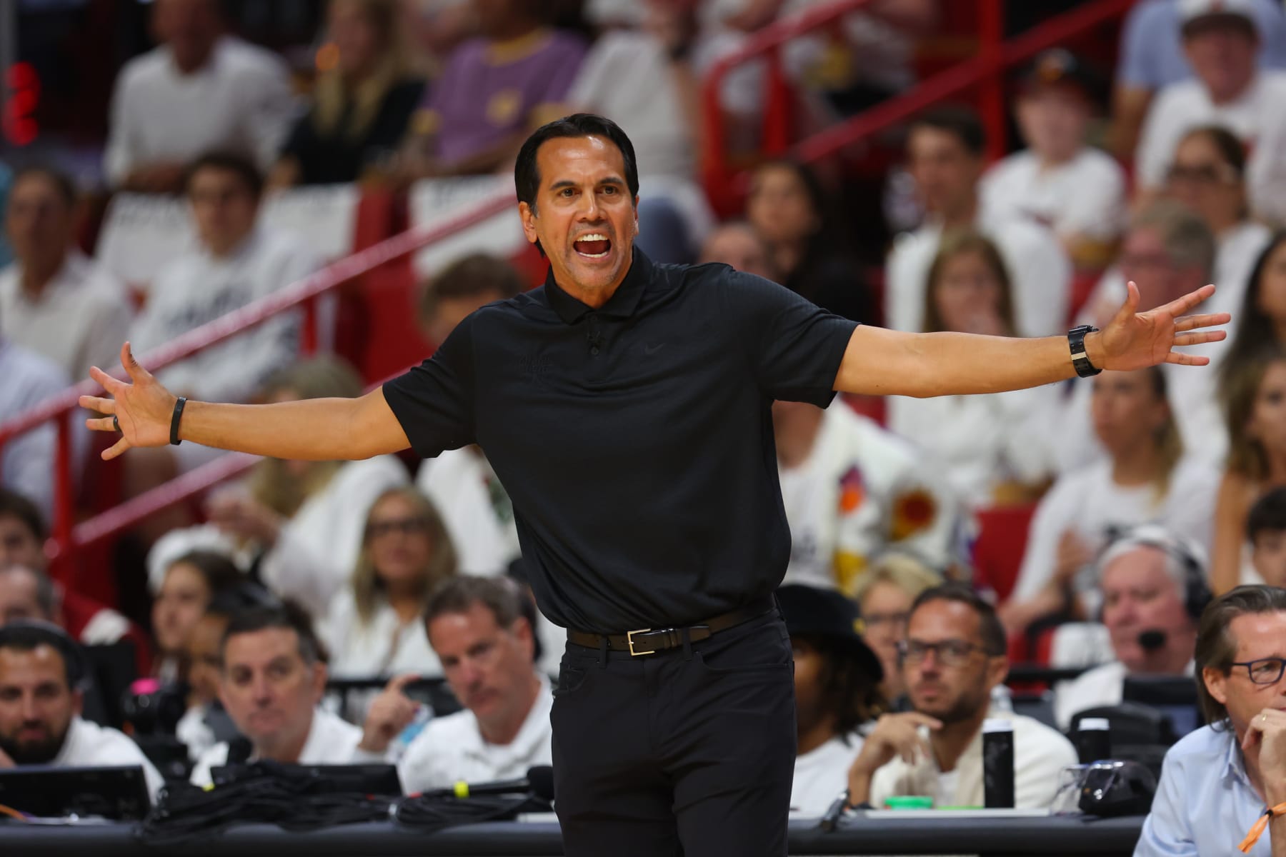 MIAMI, FLORIDA - MAY 27: Miami Heat head coach Erik Spoelstra reacts against the Boston Celtics during the first quarter in game six of the Eastern Conference Finals at Kaseya Center on May 27, 2023 in Miami, Florida. NOTE TO USER: User expressly acknowledges and agrees that, by downloading and or using this photograph, User is consenting to the terms and conditions of the Getty Images License Agreement. (Photo by Mike Ehrmann/Getty Images)