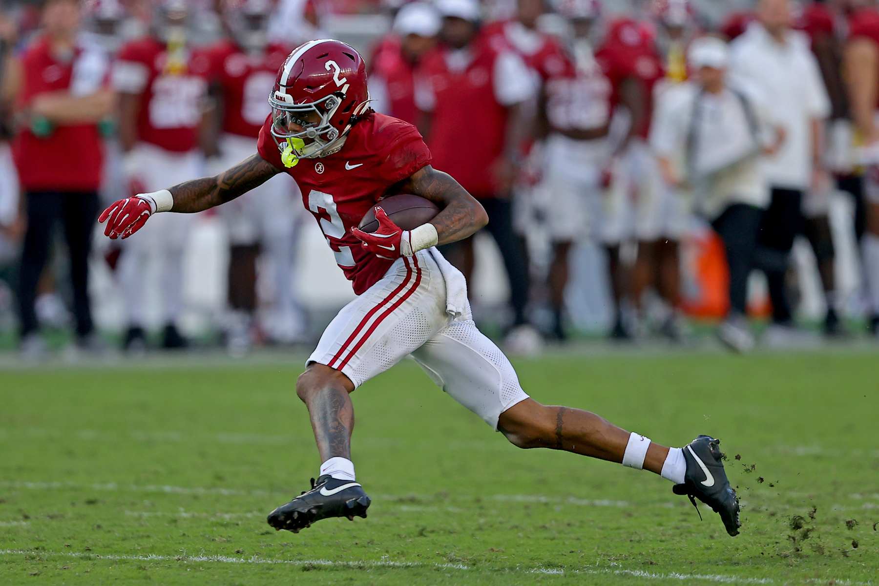 TUSCALOOSA, ALABAMA - OCTOBER 26: Ryan Williams #2 of the Alabama Crimson Tide runs for a first down after a reception against the Missouri Tigers in the second half at Bryant-Denny Stadium on October 26, 2024 in Tuscaloosa, Alabama. (Photo by Jason Clark/Getty Images)