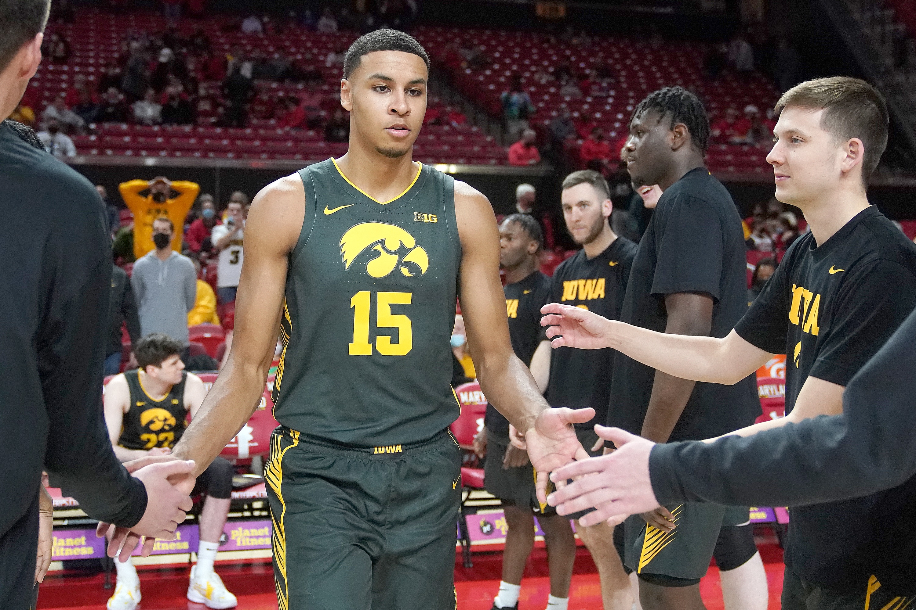 COLLEGE PARK, MARYLAND - FEBRUARY 10:  Keegan Murray #15 of the Iowa Hawkeyes is introduced before  a college basketball game against the Maryland Terrapins at the XFinity Center on February 10, 2022 in College Park, Maryland.  Photo by Mitchell Layton/Getty Images)