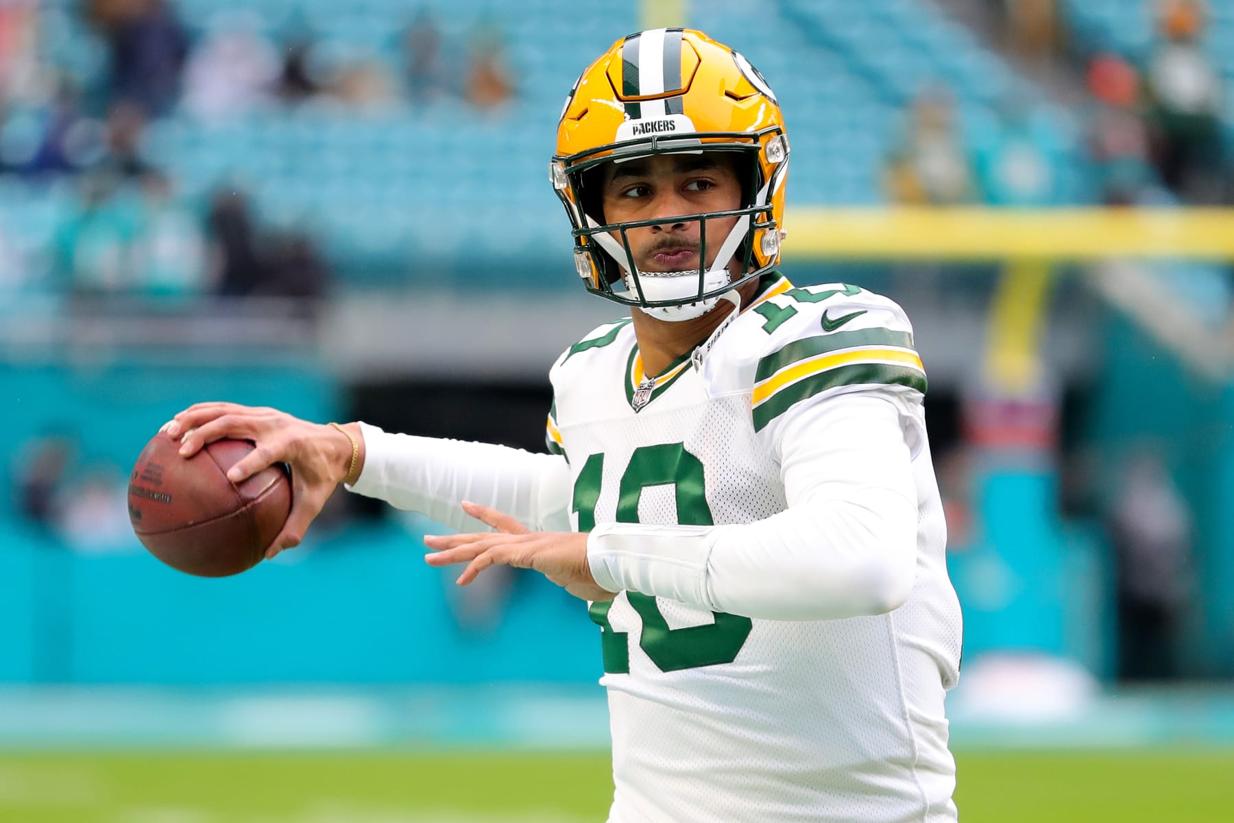 MIAMI GARDENS, FLORIDA - DECEMBER 25: Jordan Love #10 of the Green Bay Packers warms up prior to a game against the Miami Dolphins at Hard Rock Stadium on December 25, 2022 in Miami Gardens, Florida. (Photo by Megan Briggs/Getty Images)