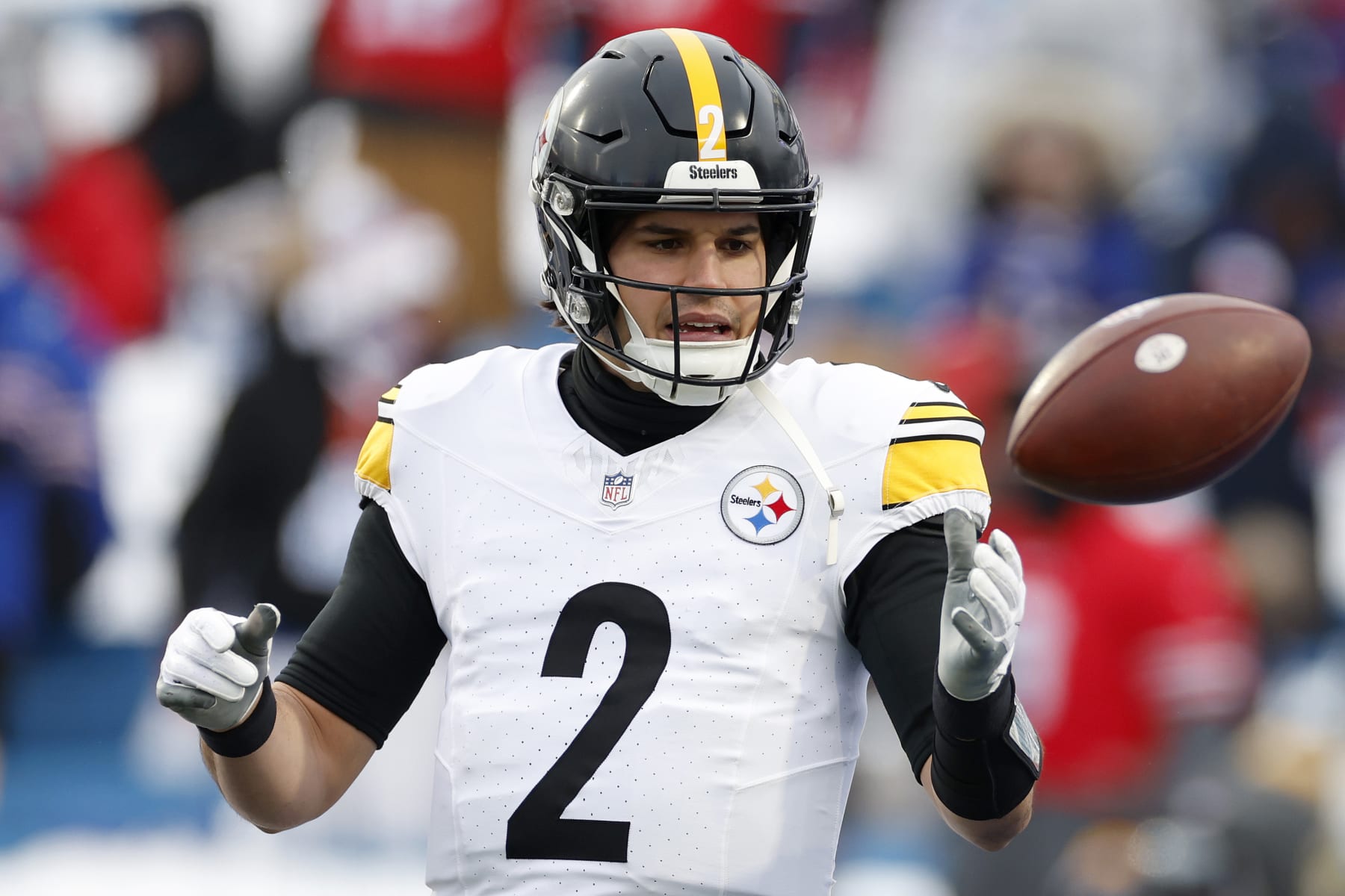 ORCHARD PARK, NEW YORK - JANUARY 15: Mason Rudolph #2 of the Pittsburgh Steelers warms up before the game against the Buffalo Bills at Highmark Stadium on January 15, 2024 in Orchard Park, New York. (Photo by Sarah Stier/Getty Images)