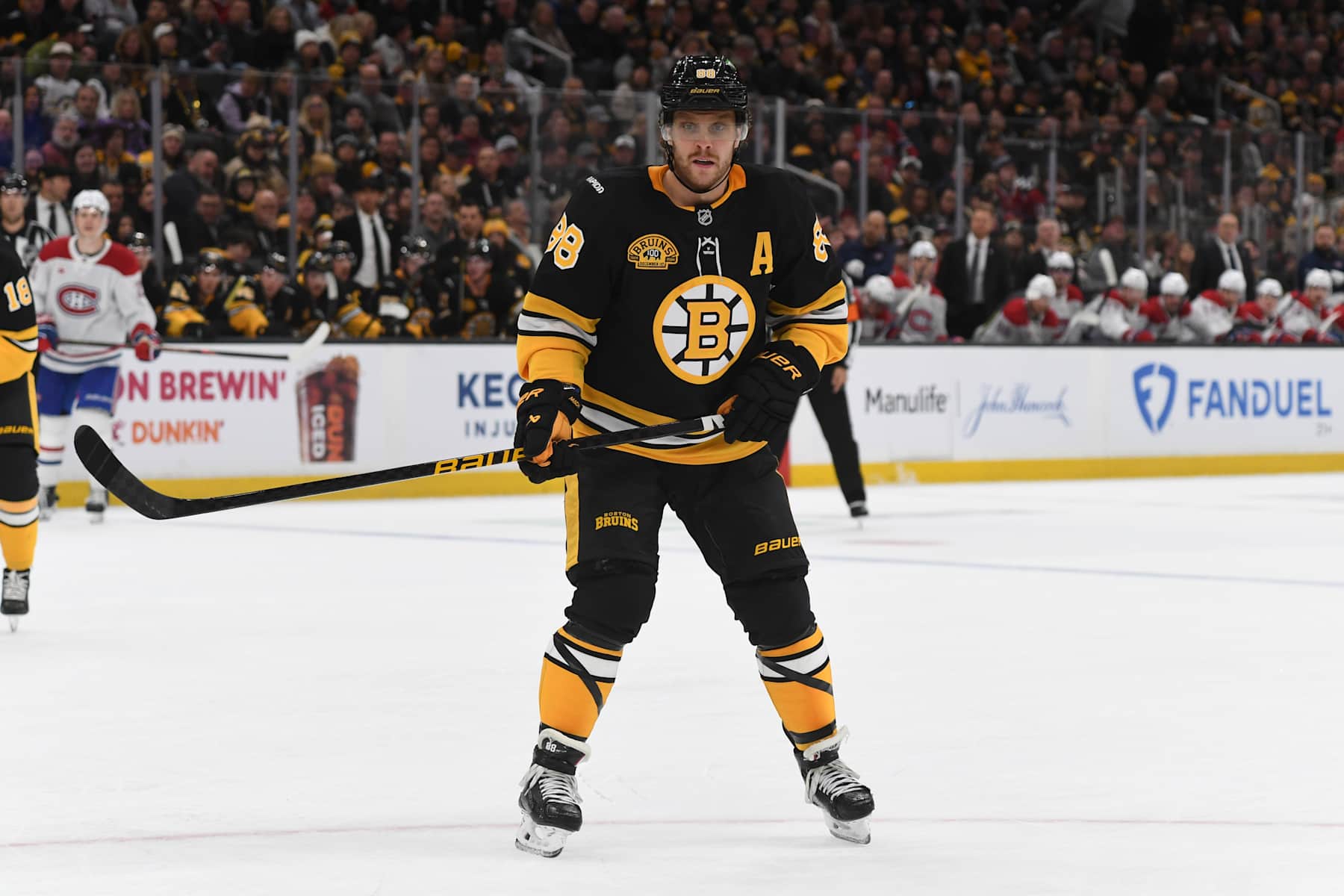 BOSTON, MASSACHUSETTS - DECEMBER 1: David Pastrnak #88 of the Boston Bruins skates against the Montreal Canadiens on December 1, 2024, at the TD Garden in Boston, Massachusetts. (Photo by Steve Babineau/NHLI via Getty Images)