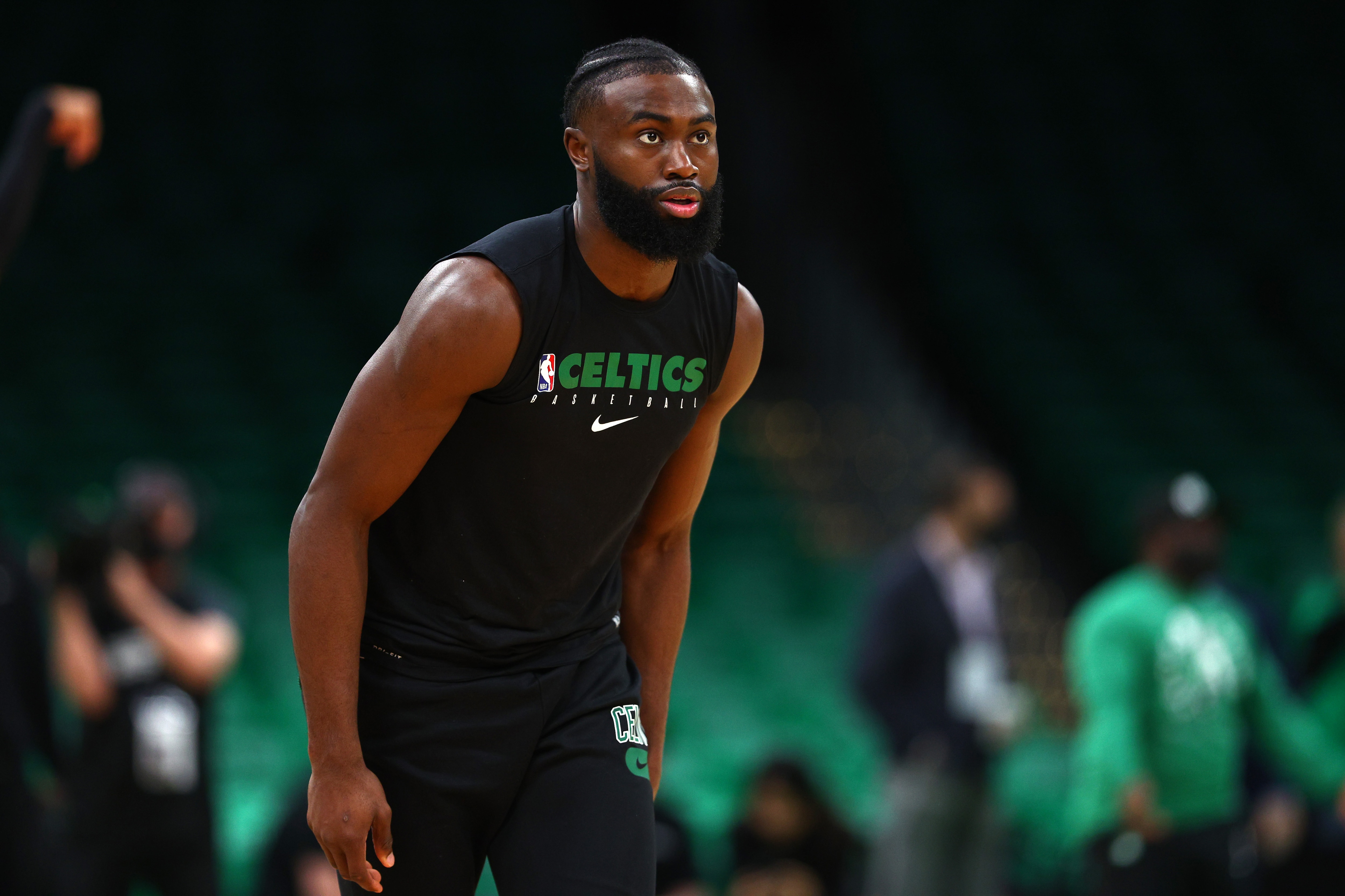 BOSTON, MASSACHUSETTS - MAY 21: Jaylen Brown #7 of the Boston Celtics warms up before Game Three of the 2022 NBA Playoffs Eastern Conference Finals against the Miami Heat at TD Garden on May 21, 2022 in Boston, Massachusetts. NOTE TO USER: User expressly acknowledges and agrees that, by downloading and/or using this photograph, User is consenting to the terms and conditions of the Getty Images License Agreement.  (Photo by Elsa/Getty Images)