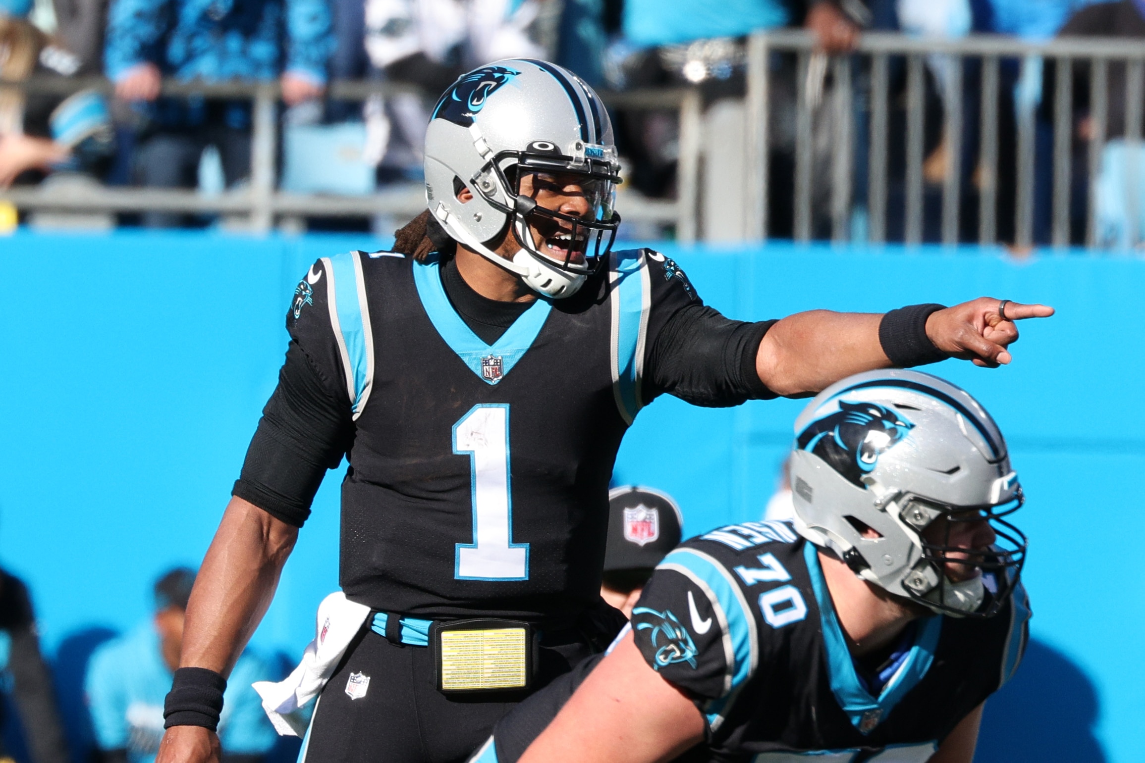CHARLOTTE, NORTH CAROLINA - DECEMBER 12: Cam Newton #1 of the Carolina Panthers calls a play from the line against the Atlanta Falcons during the second quarter of the game at Bank of America Stadium on December 12, 2021 in Charlotte, North Carolina. (Photo by Lance King/Getty Images)