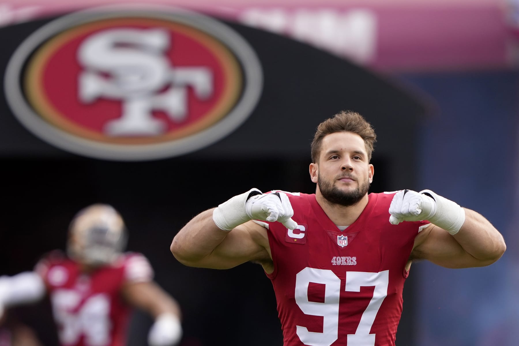 SANTA CLARA, CALIFORNIA - JANUARY 08: Nick Bosa #97 of the San Francisco 49ers reacts as he takes the field prior to the game against the Arizona Cardinals at Levi's Stadium on January 08, 2023 in Santa Clara, California. (Photo by Thearon W. Henderson/Getty Images)