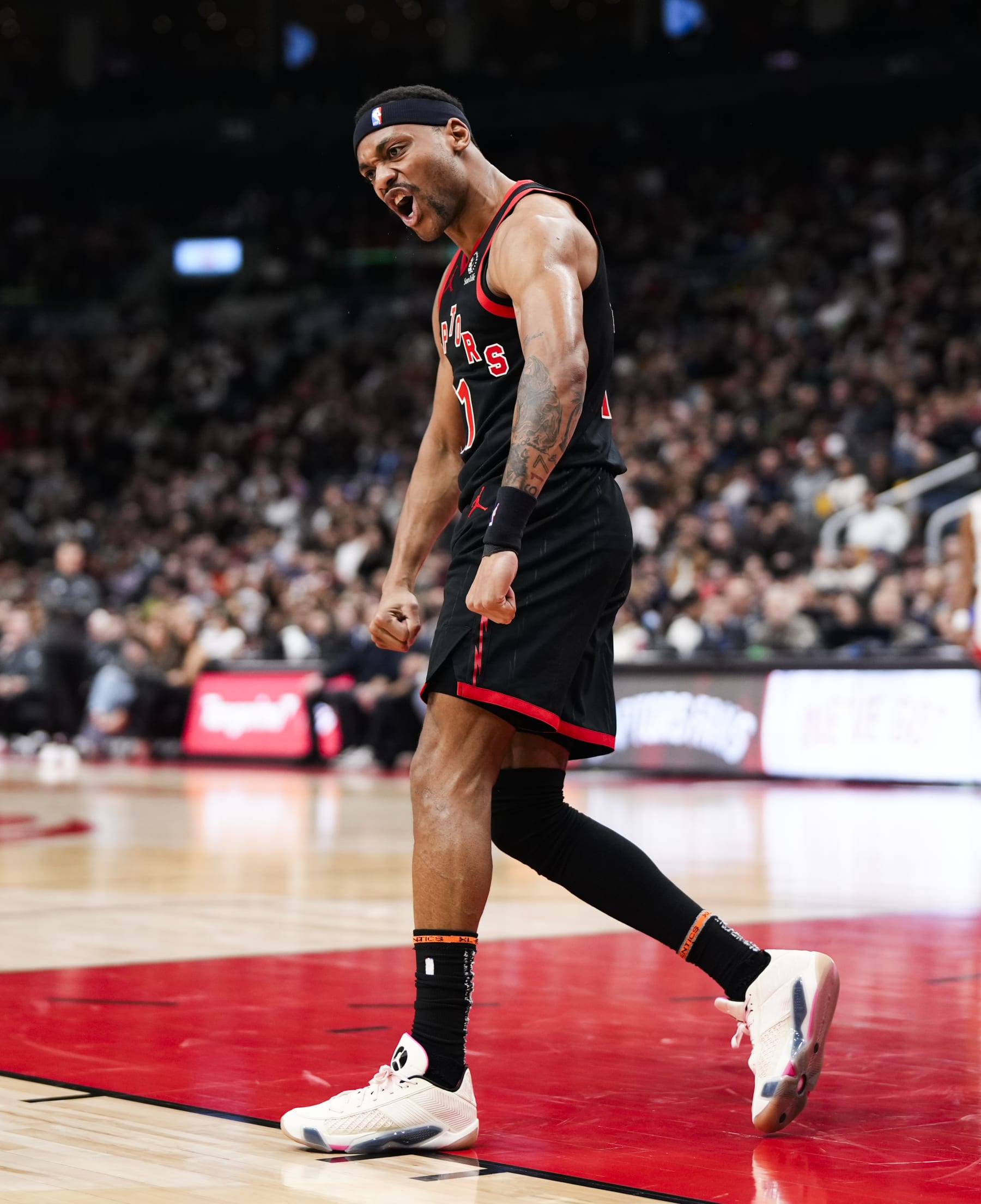 TORONTO, ON - FEBRUARY 9: Bruce Brown #11 of the Toronto Raptors celebrates against the Houston Rockets during the first half at the Scotiabank Arena on February 9, 2024 in Toronto, Ontario, Canada. NOTE TO USER: User expressly acknowledges and agrees that, by downloading and/or using this Photograph, user is consenting to the terms and conditions of the Getty Images License Agreement. (Photo by Mark Blinch/Getty Images)