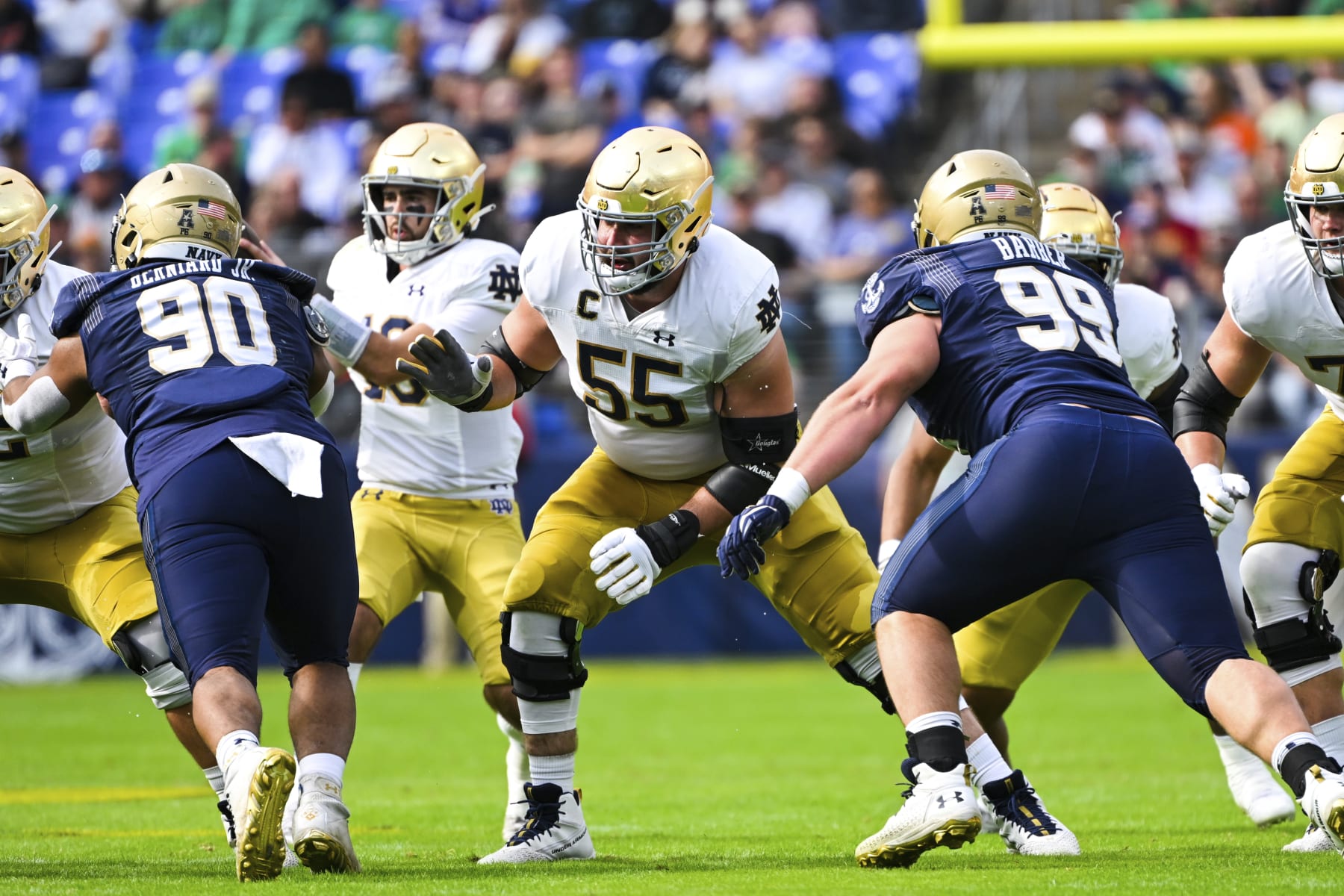 Notre Dame offensive lineman Jarrett Patterson (55) blocks during the first half of an NCAA college football game against Navy , Saturday, Nov. 12, 2022, in Baltimore. (AP Photo/Terrance Williams)