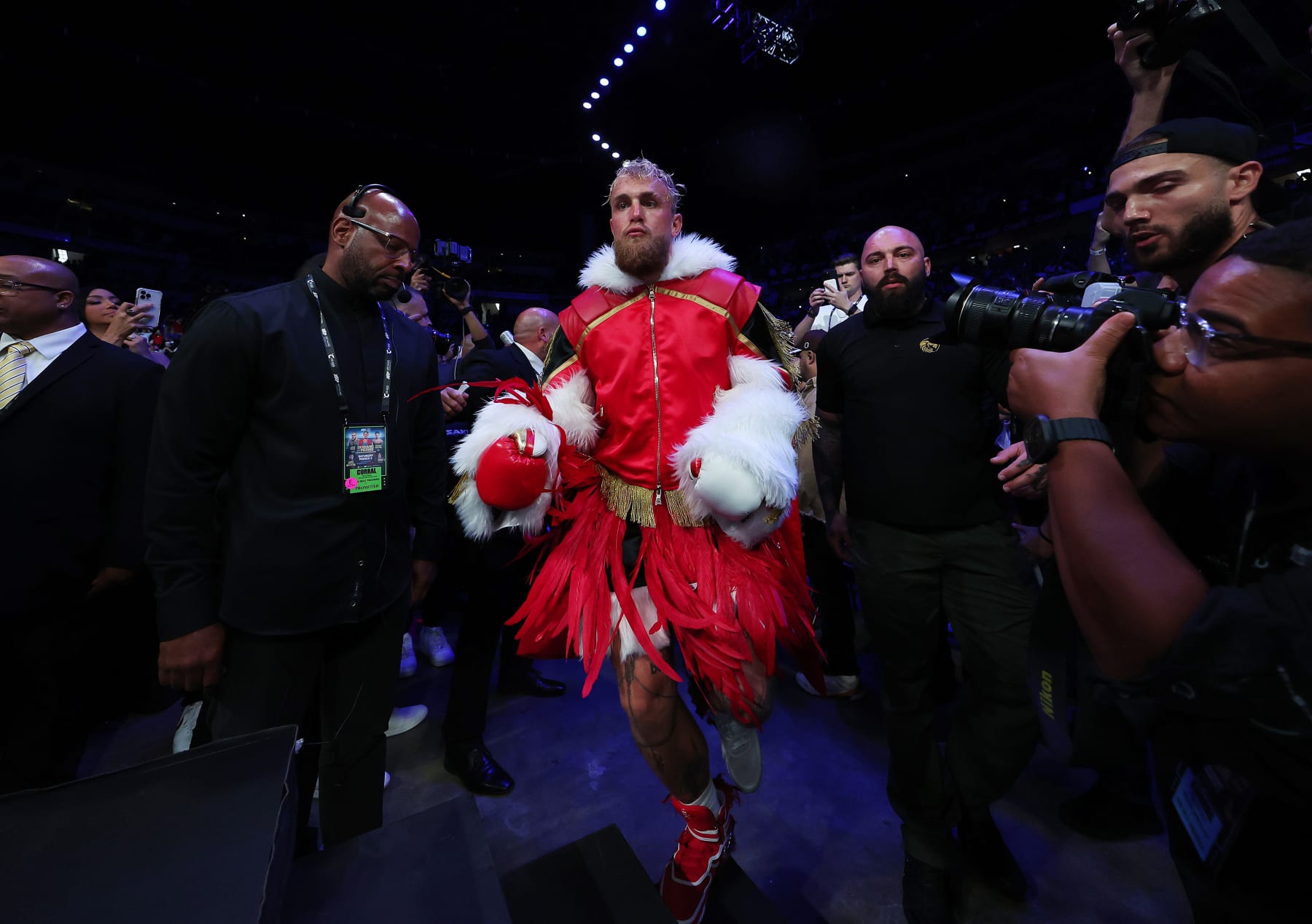 HATO REY, PUERTO RICO - MARCH 02:  Jake Paul enters the ring against Ryan Bourland before their cruiserweight fight at Coliseo de Puerto Rico on March 02, 2024 in Hato Rey, Puerto Rico.  (Photo by Al Bello/Getty Images)