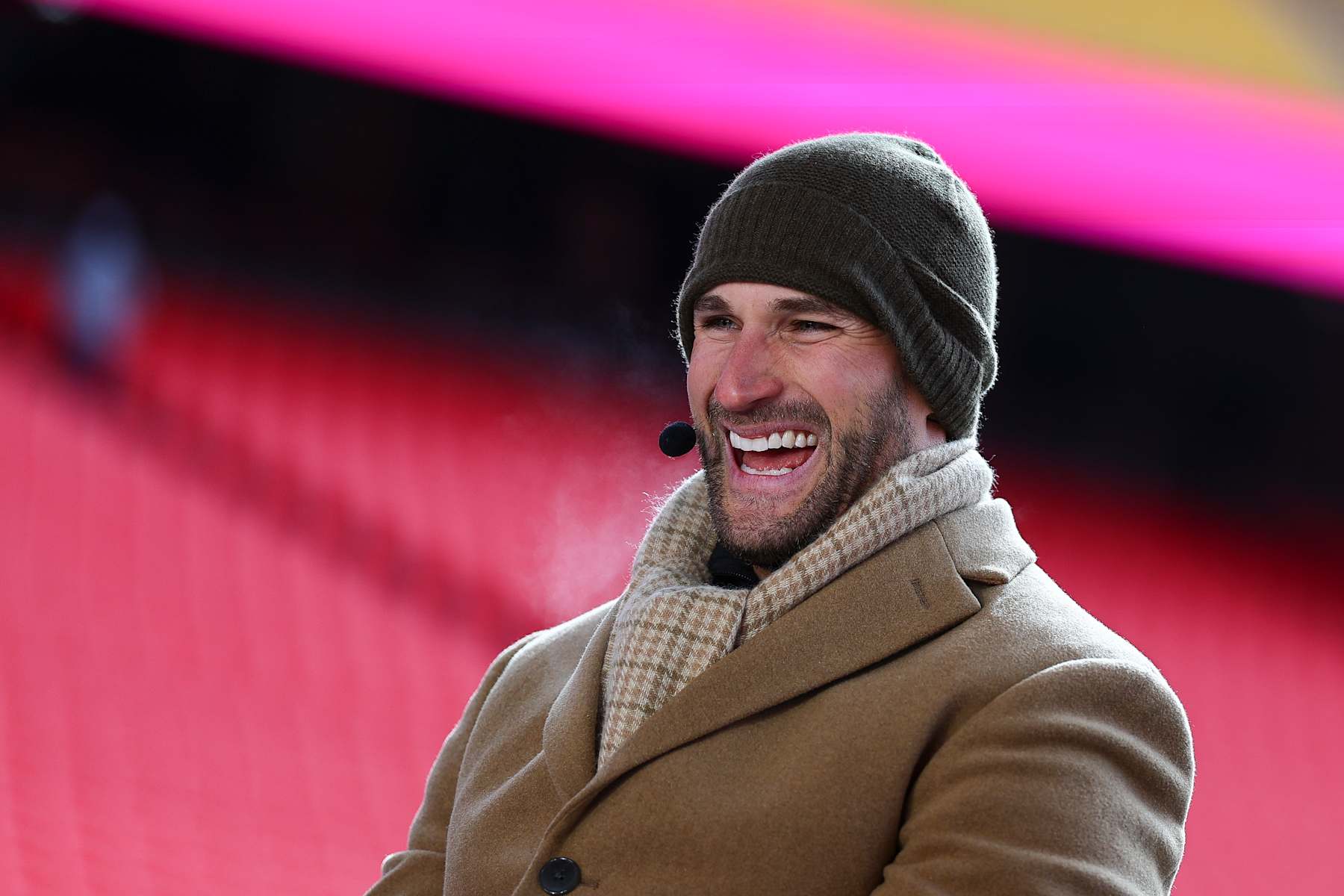 KANSAS CITY, MISSOURI - JANUARY 18: NFL quarterback Kirk Cousins on the ESPN set prior to the AFC Divisional playoff game between the Kansas City Chiefs and the Houston Texans at GEHA Field at Arrowhead Stadium on January 18, 2025 in Kansas City, Missouri. (Photo by Aaron M. Sprecher/Getty Images)