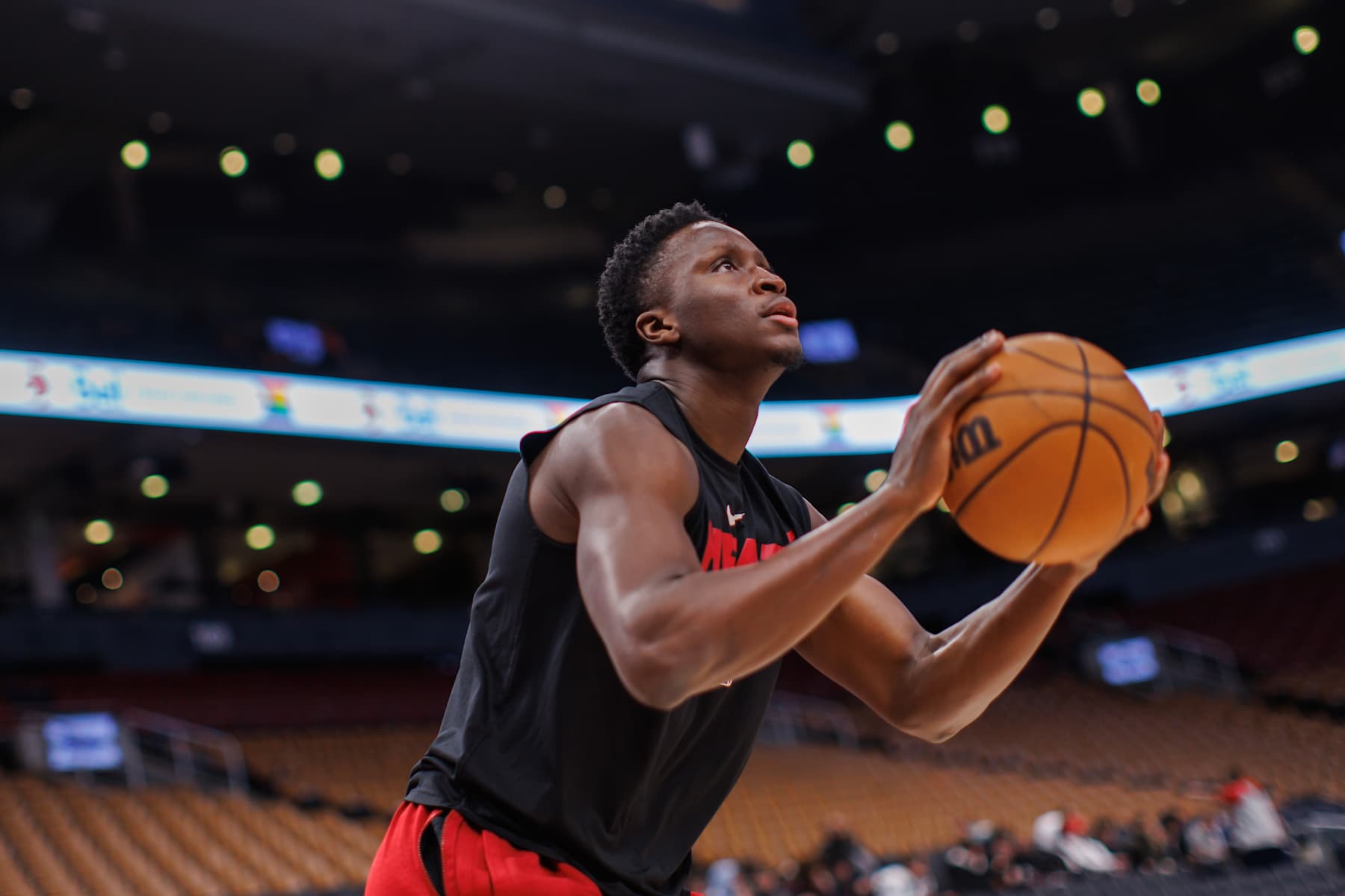 TORONTO, ON - MARCH 28: Victor Oladipo #4 of the Miami Heat warms up ahead of their NBA game against the Toronto Raptors at Scotiabank Arena on March 28, 2023 in Toronto, Canada. NOTE TO USER: User expressly acknowledges and agrees that, by downloading and or using this photograph, User is consenting to the terms and conditions of the Getty Images License Agreement. (Photo by Cole Burston/Getty Images)
