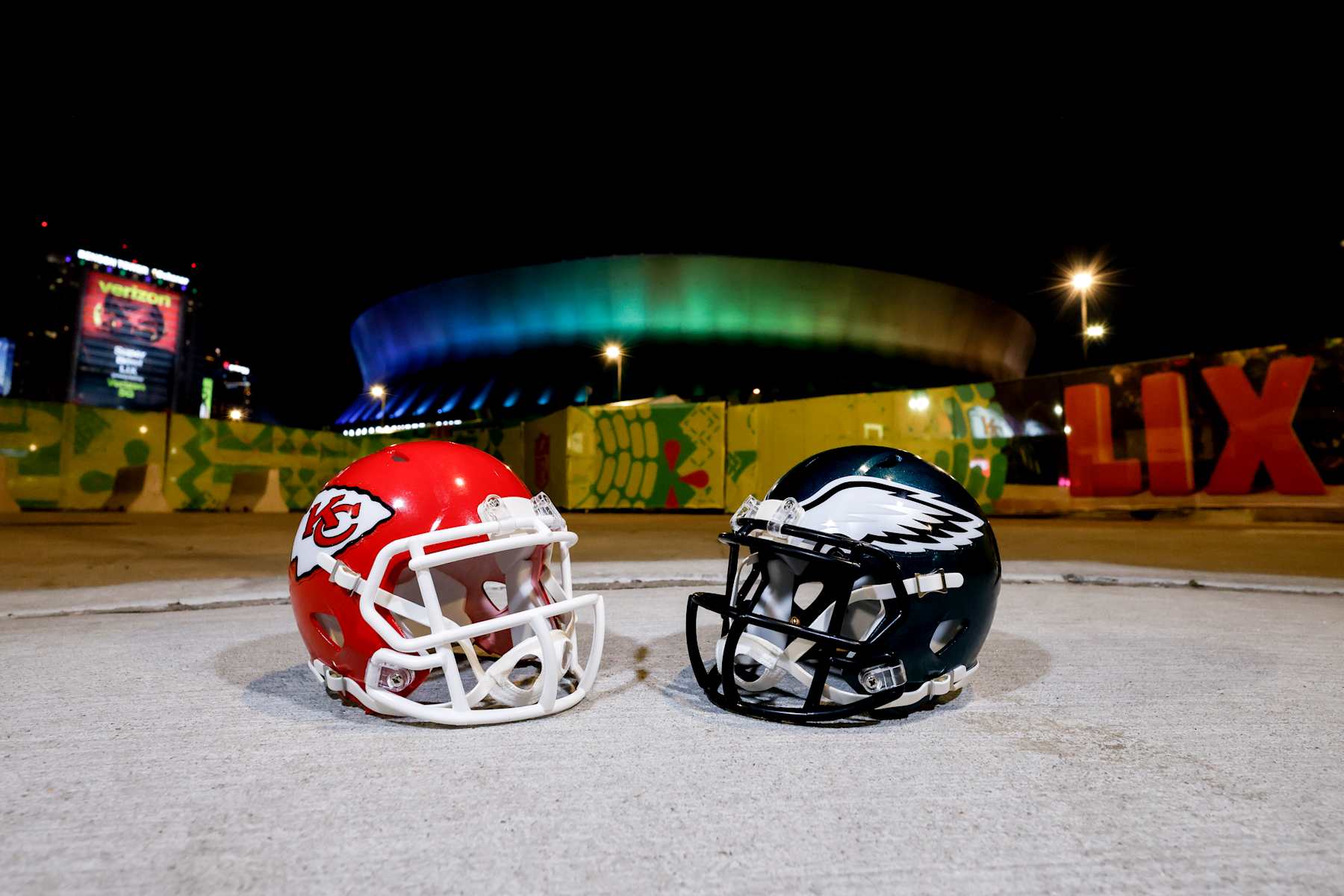 NEW ORLEANS, LA - FEBRUARY 5: A general view of the helmets of the Kansas City Chiefs and the Philadelphia Eagles in front of the Caesars Superdome prior to Super Bowl LIX on February 5, 2025 in New Orleans, Louisiana. (Photo by Don Juan Moore/Getty Images)