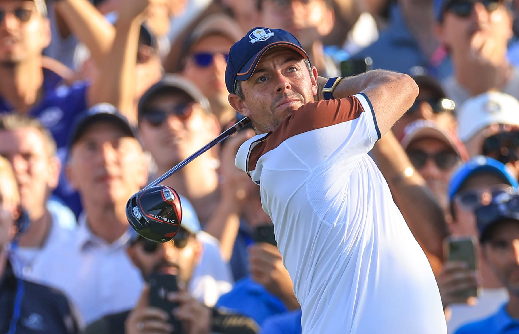 ROME, ITALY - SEPTEMBER 30: Rory McIlroy of Northern Ireland plays his tee shot on the 14th hole in his match with Matthew Fitzpatrick against Patrick Cantlay and Wyndham Clark during the Saturday afternoon fourball matches of the 2023 Ryder Cup at Marco Simone Golf Club on September 30, 2023 in Rome, Italy. (Photo by David Cannon/Getty Images)