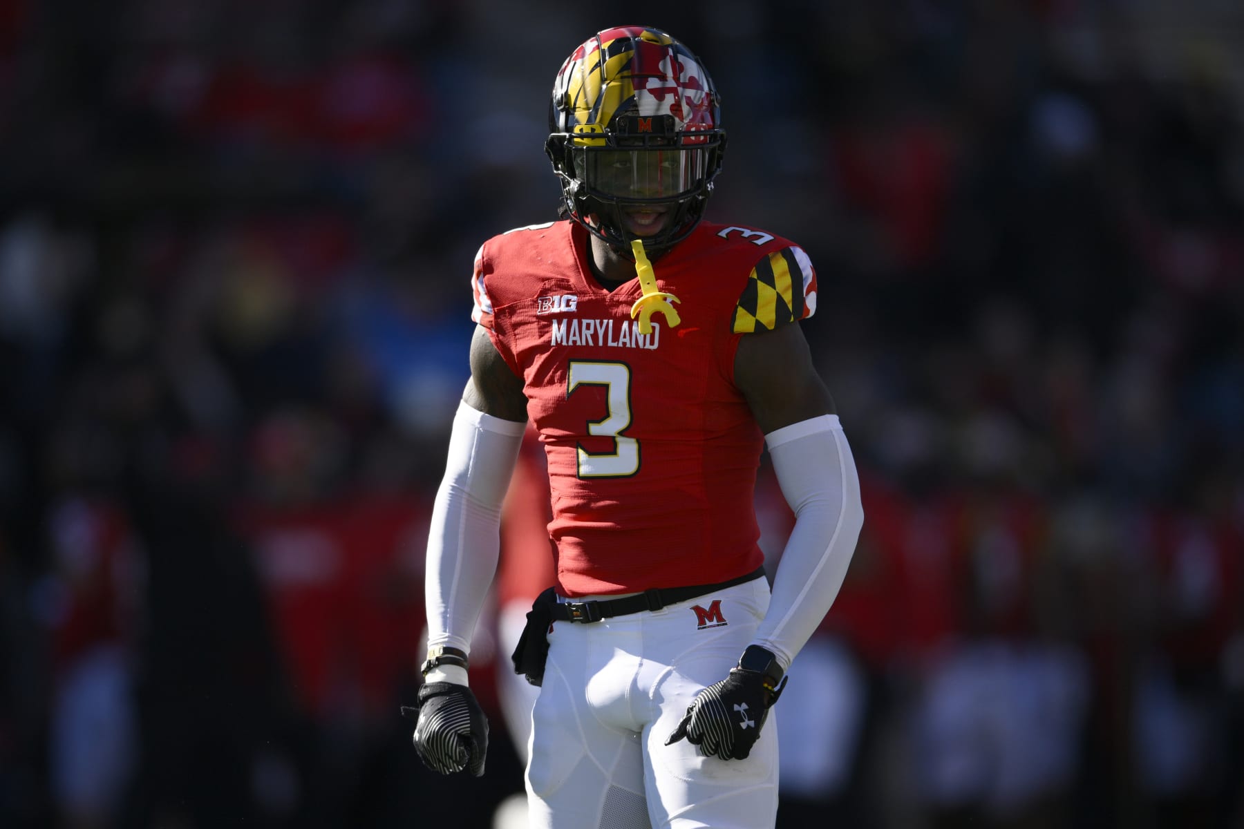 Maryland defensive back Deonte Banks (3) reacts during the first half of an NCAA college football game against Rutgers, Saturday, Nov. 26, 2022, in College Park, Md. (AP Photo/Nick Wass)