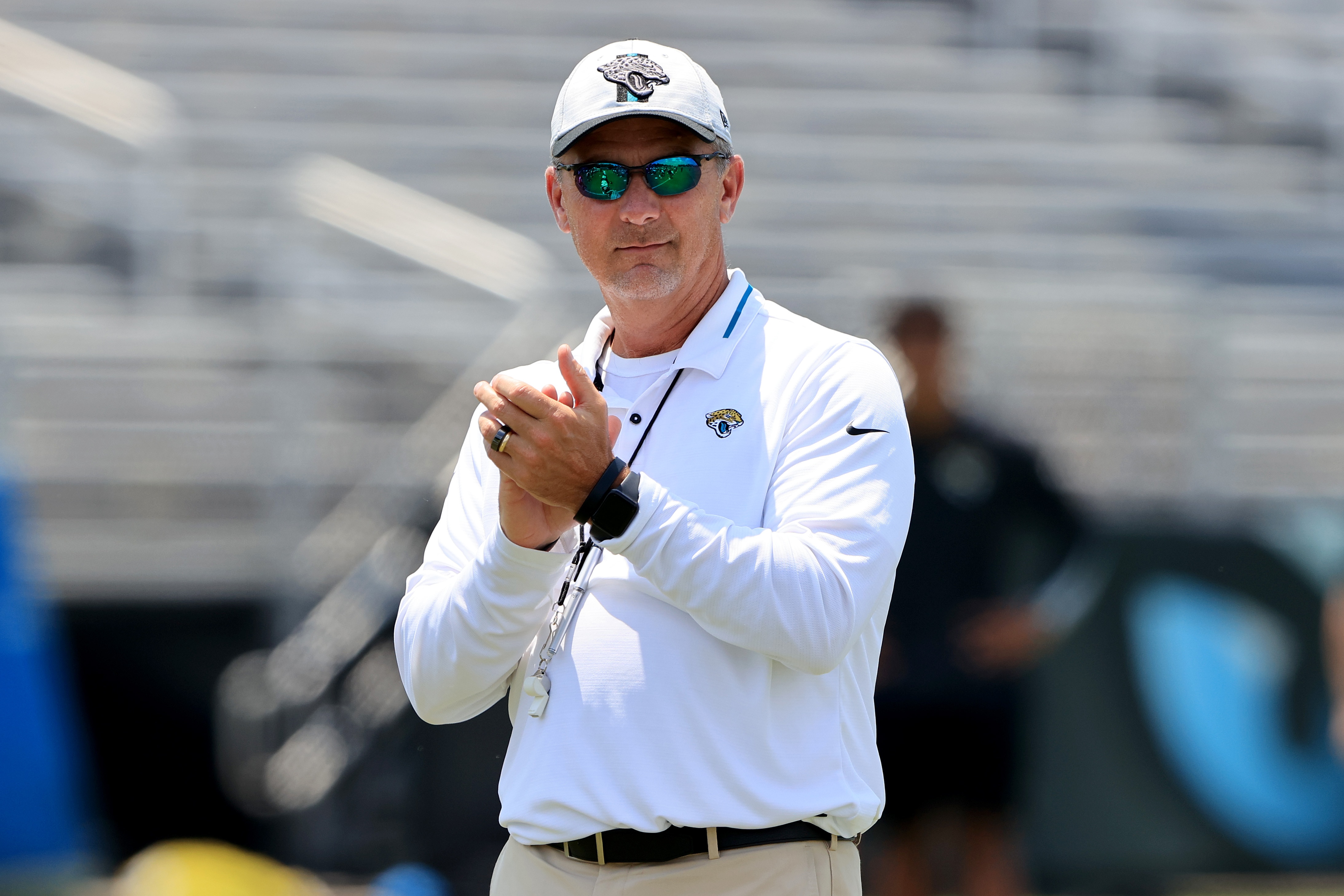 JACKSONVILLE, FLORIDA - MAY 27: Head Coach of the Jacksonville Jaguars Urban Meyer watches the action during Jacksonville Jaguars Training Camp at TIAA Bank Field on May 27, 2021 in Jacksonville, Florida. (Photo by Sam Greenwood/Getty Images)