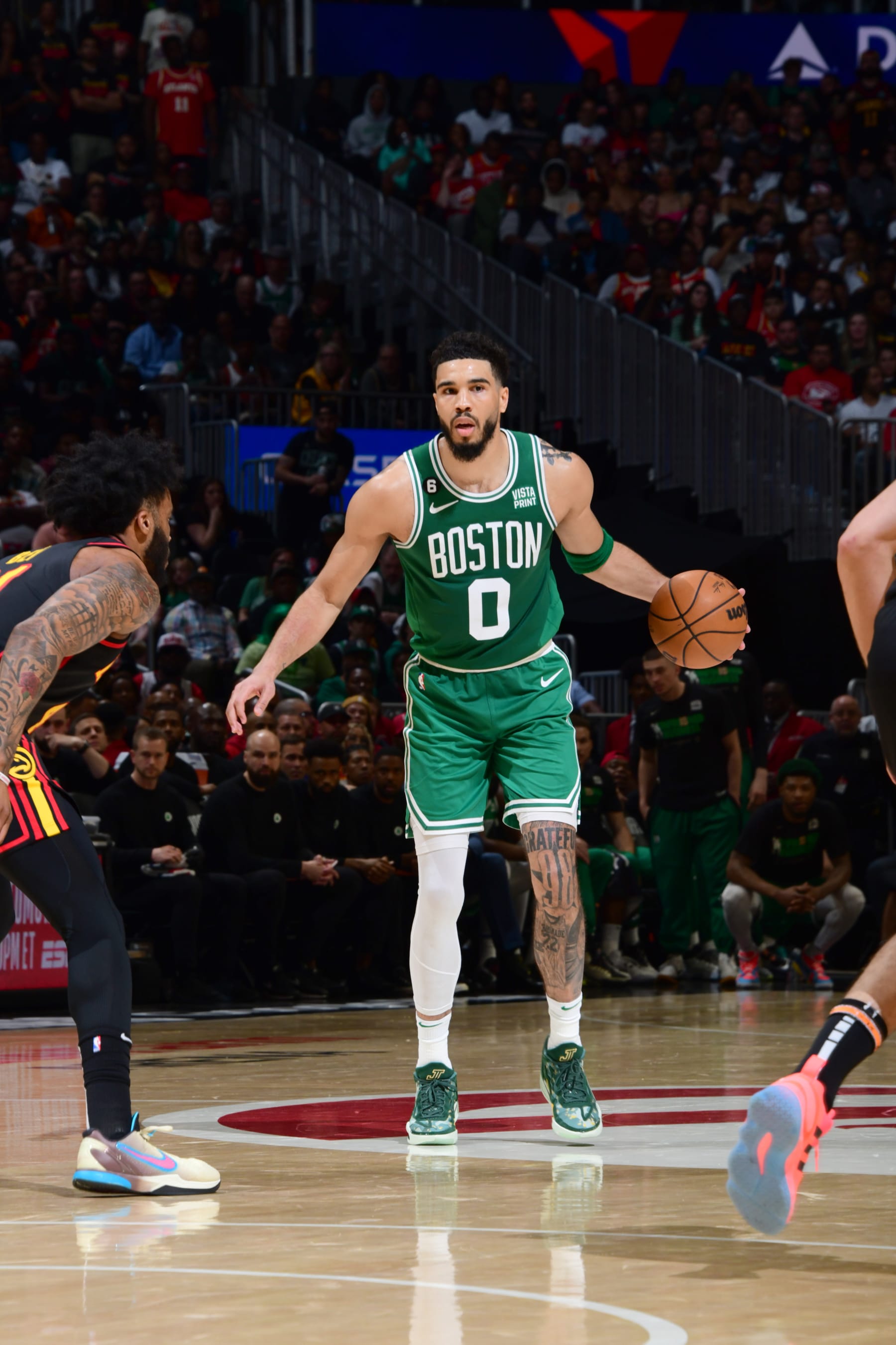 ATLANTA, GA - APRIL 21: Jayson Tatum #0 of the Boston Celtics moves the ball during Round 1 Game 3 of the 2023 NBA Playoffs on April 21, 2023 at State Farm Arena in Atlanta, Georgia.  NOTE TO USER: User expressly acknowledges and agrees that, by downloading and/or using this Photograph, user is consenting to the terms and conditions of the Getty Images License Agreement. Mandatory Copyright Notice: Copyright 2023 NBAE (Photo by Scott Cunningham/NBAE via Getty Images)