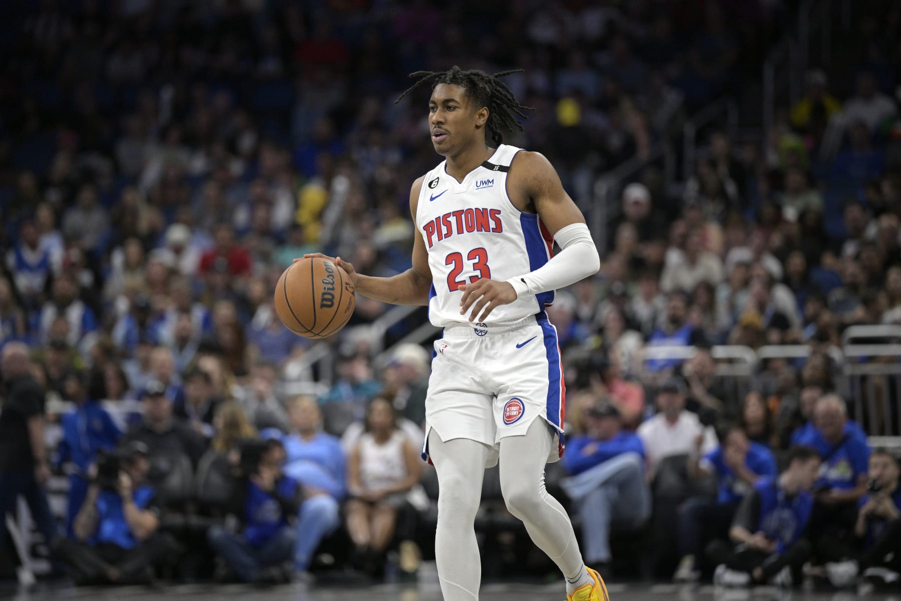 Detroit Pistons guard Jaden Ivey (23) brings the ball up the court during the second half of an NBA basketball game against the Orlando Magic, Thursday, Feb. 23, 2023, in Orlando, Fla. (AP Photo/Phelan M. Ebenhack)