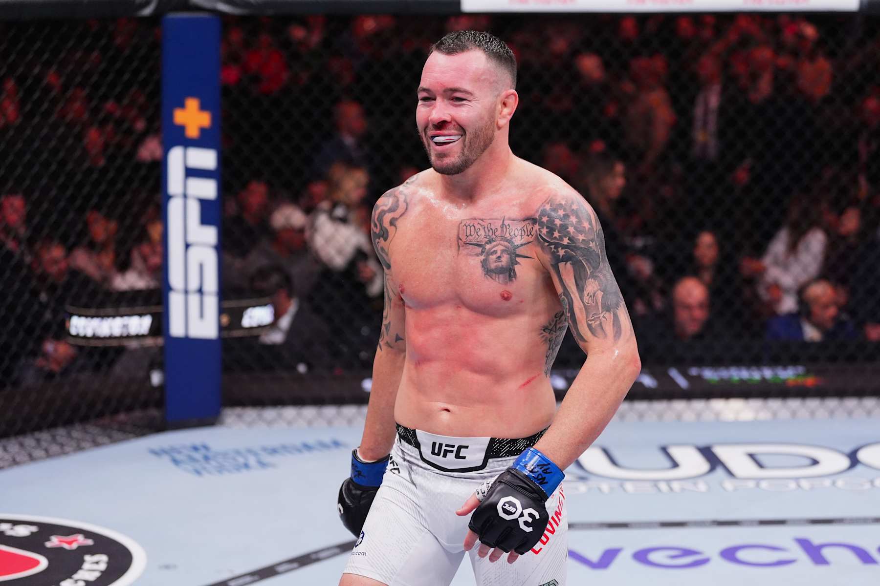 LAS VEGAS, NEVADA - DECEMBER 16: Colby Covington walks to his corner between rounds in the UFC welterweight championship fight during the UFC 296 event at T-Mobile Arena on December 16, 2023 in Las Vegas, Nevada. (Photo by Jeff Bottari/Zuffa LLC via Getty Images)