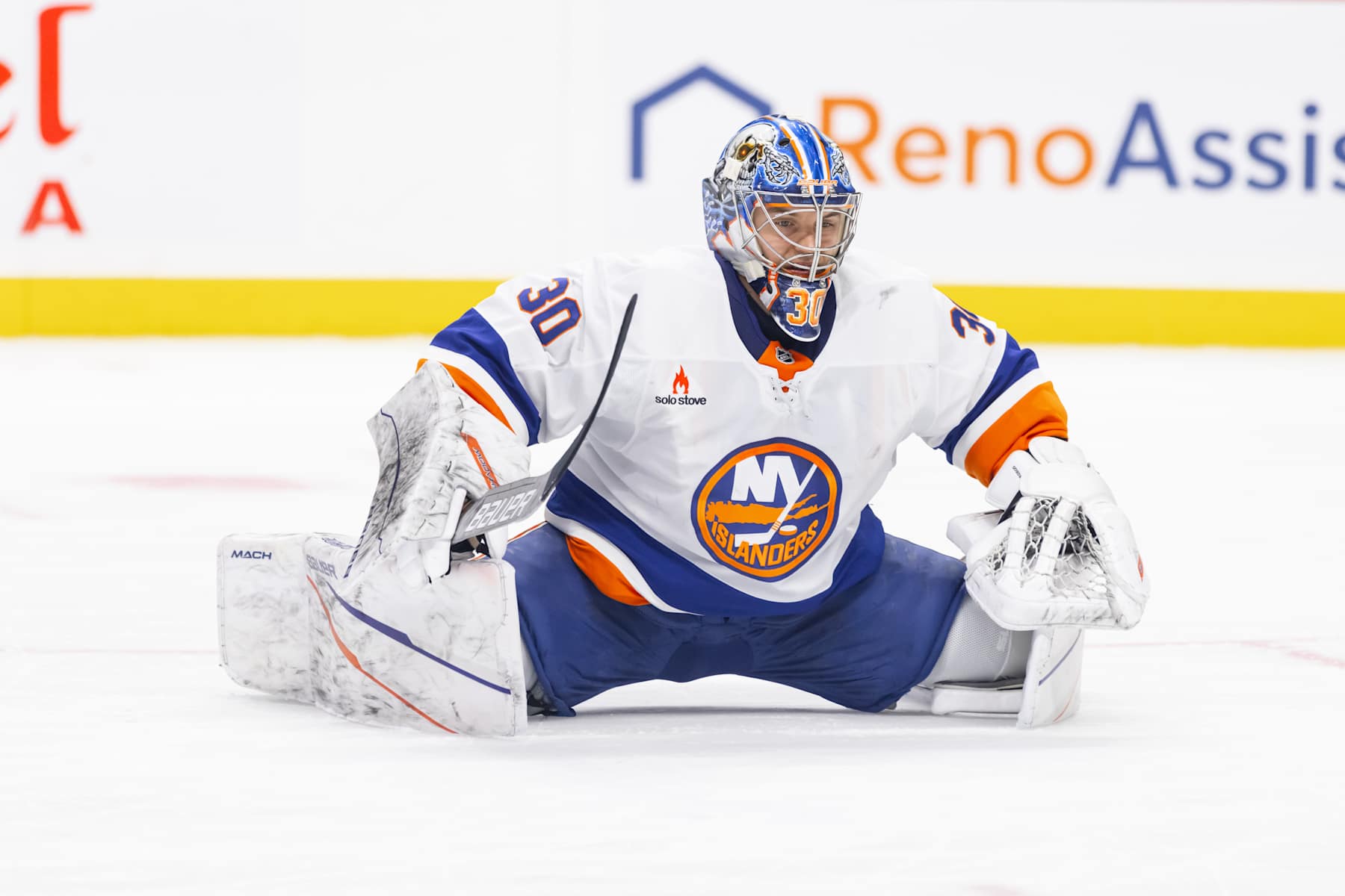 OTTAWA, ON - DECEMBER 08: New York Islanders Goalie Ilya Sorokin (30) stretches while there is a TV timeout during first period National Hockey League action between the New York Islanders and Ottawa Senators on December 8, 2024, at Canadian Tire Centre in Ottawa, ON, Canada. (Photo by Richard A. Whittaker/Icon Sportswire via Getty Images)