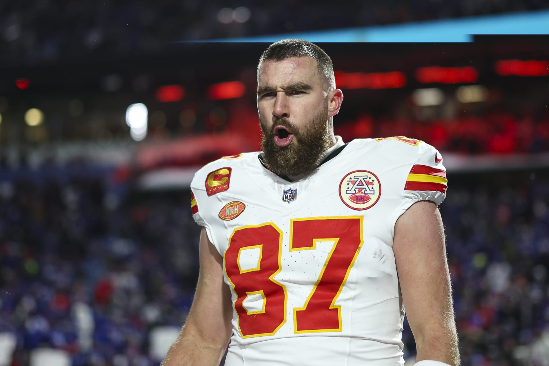 ORCHARD PARK, NY - JANUARY 21: Travis Kelce #87 of the Kansas City Chiefs warms up prior to an NFL divisional round playoff football game against the Buffalo Bills at Highmark Stadium on January 21, 2024 in Orchard Park, New York. (Photo by Perry Knotts/Getty Images)
