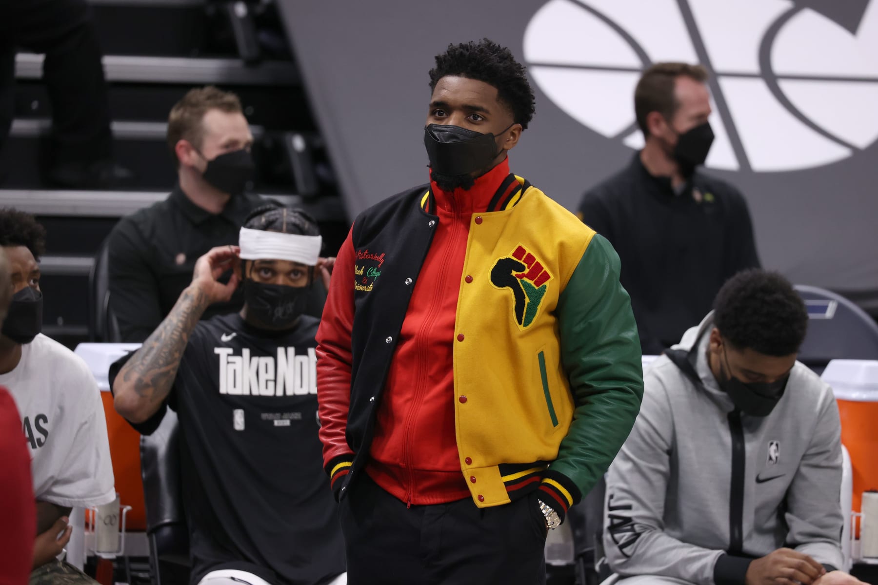SALT LAKE CITY, UT - MAY 23: Donovan Mitchell #45 of the Utah Jazz looks on during the game against the Memphis Grizzlies during Round 1, Game 1 of the 2021 NBA Playoffs on May 23, 2021 at vivint.SmartHome Arena in Salt Lake City, Utah. NOTE TO USER: User expressly acknowledges and agrees that, by downloading and or using this Photograph, User is consenting to the terms and conditions of the Getty Images License Agreement. Mandatory Copyright Notice: Copyright 2021 NBAE (Photo by Melissa Majchrzak/NBAE via Getty Images)