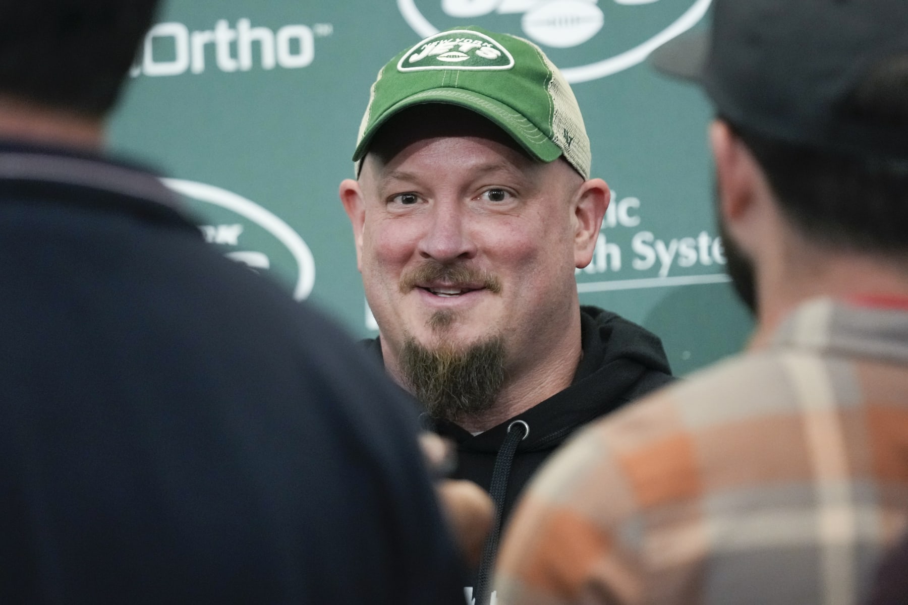 New York Jets' offensive coordinator Nathaniel Hackett talks to reporters after a news conference at the Jets' training facility in Florham Park, N.J., Wednesday, April 26, 2023. (AP Photo/Seth Wenig)