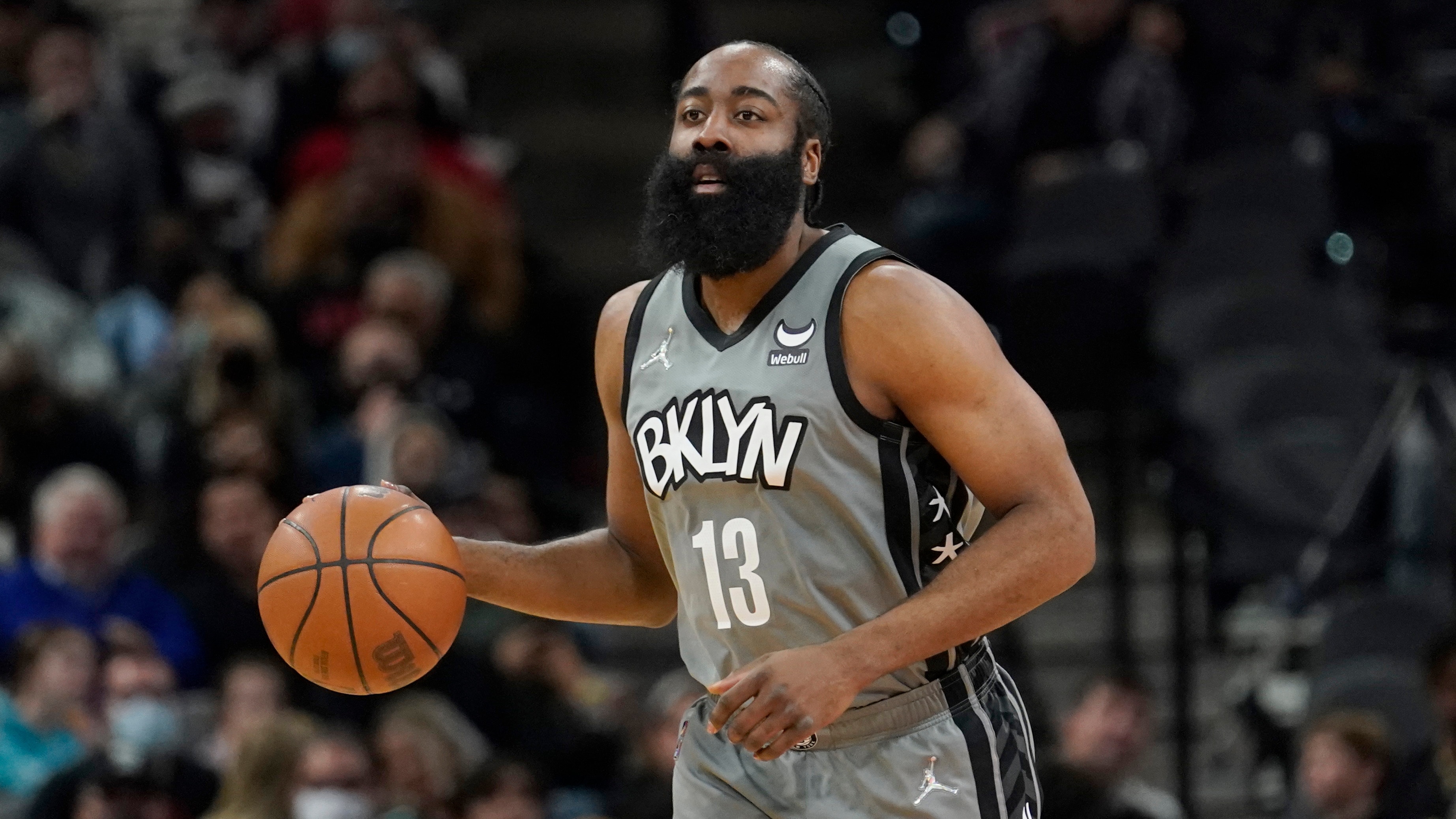 Brooklyn Nets guard James Harden (13) during the first half of an NBA basketball game against the San Antonio Spurs, Friday, Jan. 21, 2022, in San Antonio. (AP Photo/Eric Gay)