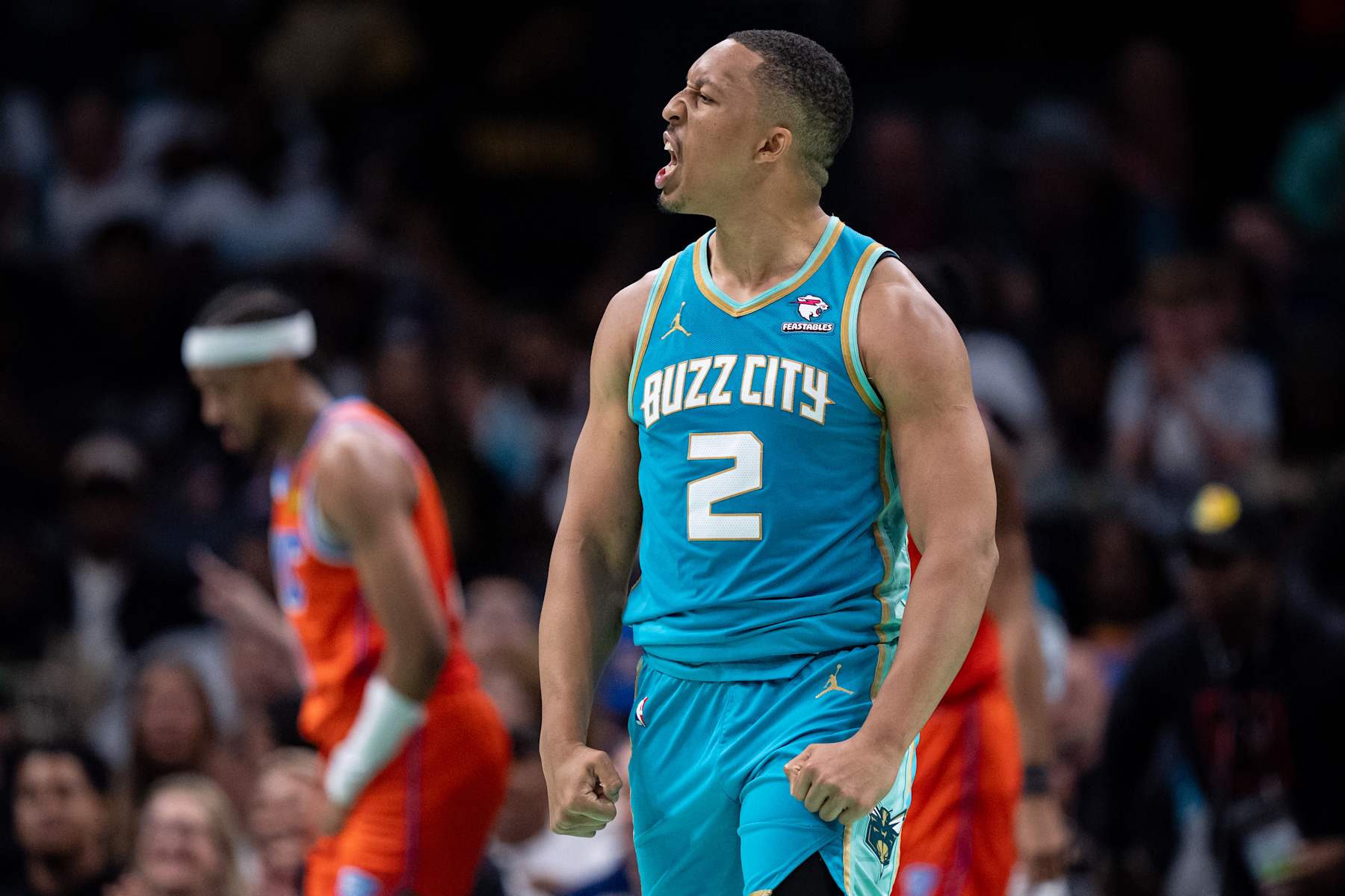 CHARLOTTE, NORTH CAROLINA - APRIL 07: Grant Williams #2 of the Charlotte Hornets reacts in the fourth quarter during their game against the Oklahoma City Thunder at Spectrum Center on April 07, 2024 in Charlotte, North Carolina. NOTE TO USER: User expressly acknowledges and agrees that, by downloading and or using this photograph, User is consenting to the terms and conditions of the Getty Images License Agreement. (Photo by Jacob Kupferman/Getty Images)
