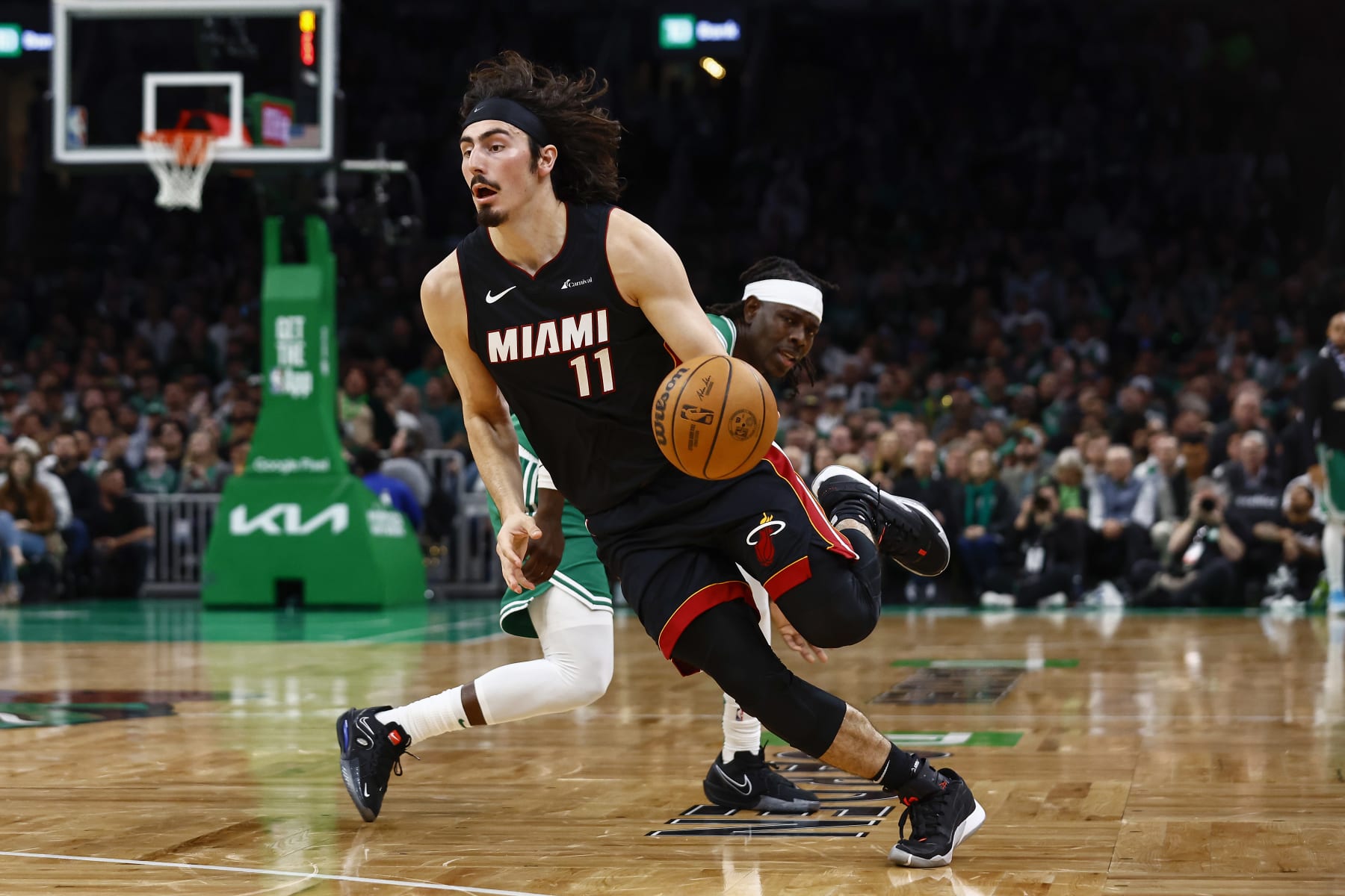 BOSTON, MA - APRIL 24: Jaime Jaquez Jr. #11 of the Miami Heat during the second quarter of game two of the Eastern Conference First Round Playoffs against the Boston Celtics at TD Garden on April 24, 2024 in Boston, Massachusetts. NOTE TO USER: User expressly acknowledges and agrees that, by downloading and/or using this Photograph, user is consenting to the terms and conditions of the Getty Images License Agreement. (Photo By Winslow Townson/Getty Images)