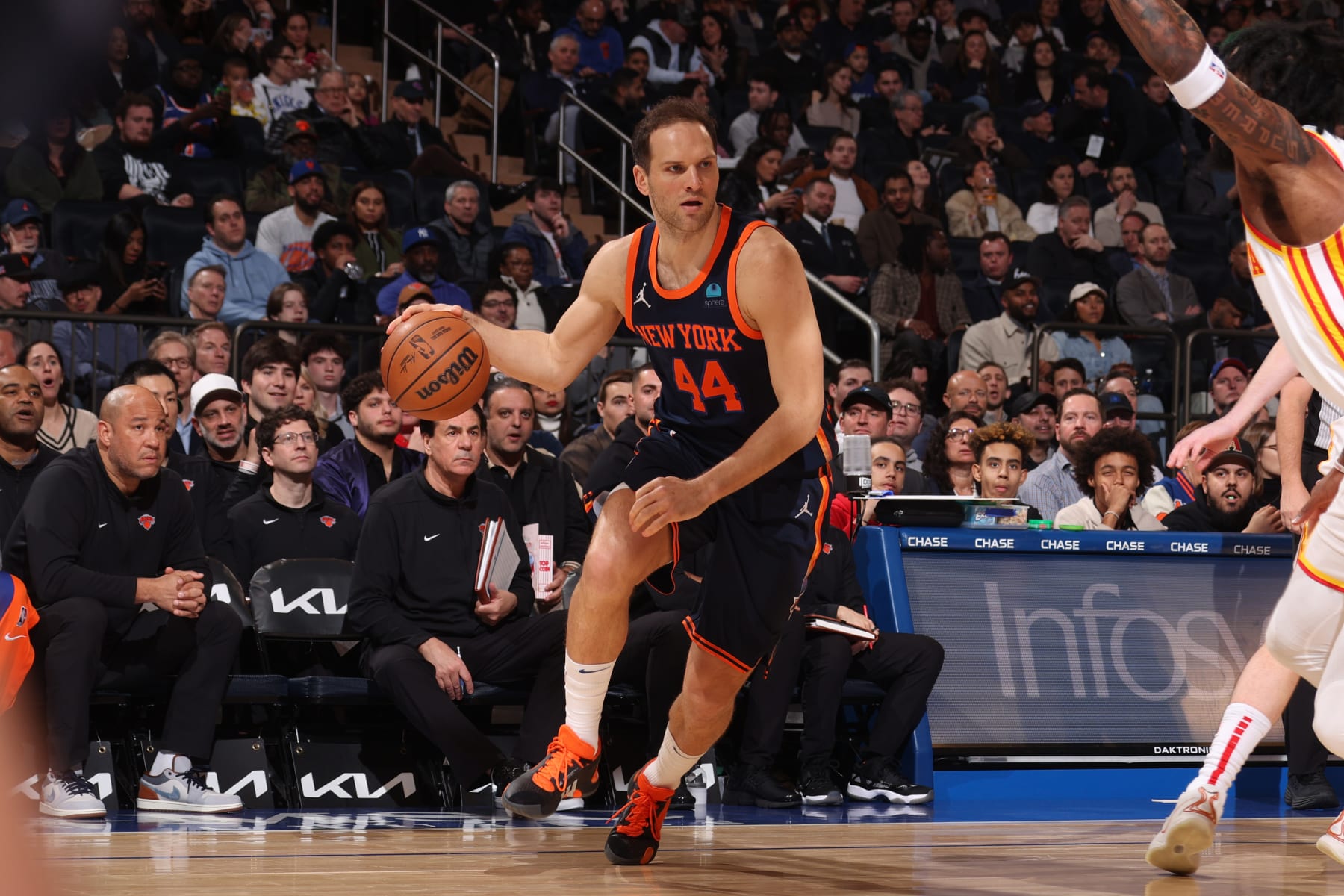 NEW YORK, NY - MARCH 5:  Bojan Bogdanovic #44 of the New York Knicks handles the ball during the game against the Atlanta Hawks on March 5, 2024 at Madison Square Garden in New York City, New York.  NOTE TO USER: User expressly acknowledges and agrees that, by downloading and or using this photograph, User is consenting to the terms and conditions of the Getty Images License Agreement. Mandatory Copyright Notice: Copyright 2024 NBAE  (Photo by Nathaniel S. Butler/NBAE via Getty Images)