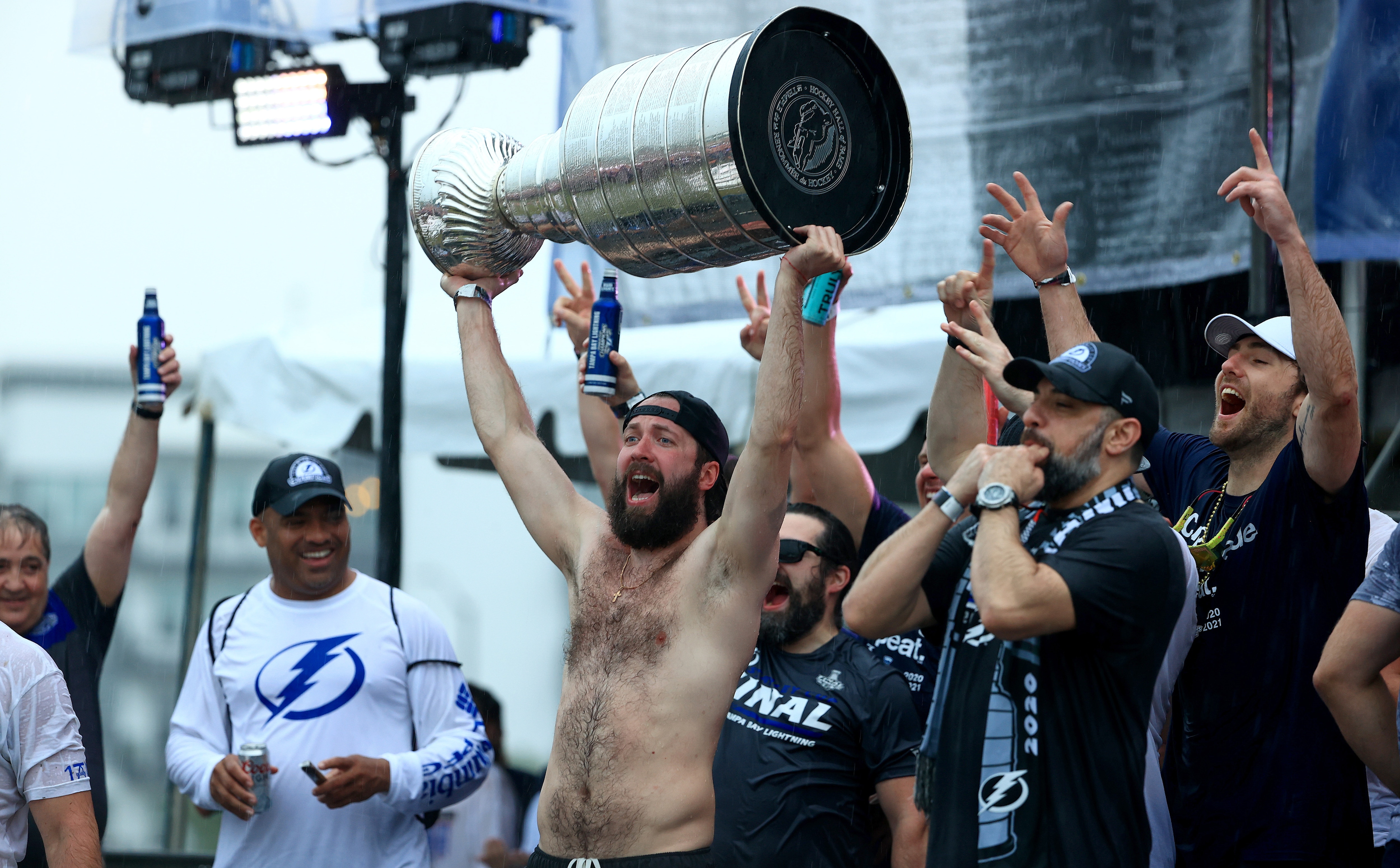 TAMPA, FLORIDA - JULY 12: Nikita Kucherov #86 of the Tampa Bay Lightning celebrates during the Stanley Cup victory rally at Julian B. Lane Riverfront Park on July 12, 2021 in Tampa, Florida. (Photo by Mike Ehrmann/Getty Images)