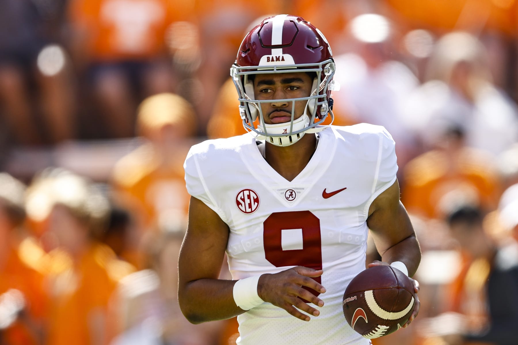 Alabama quarterback Bryce Young (9) warmups before an NCAA college football game against Tennessee Saturday, Oct. 15, 2022, in Knoxville, Tenn. (AP Photo/Wade Payne)