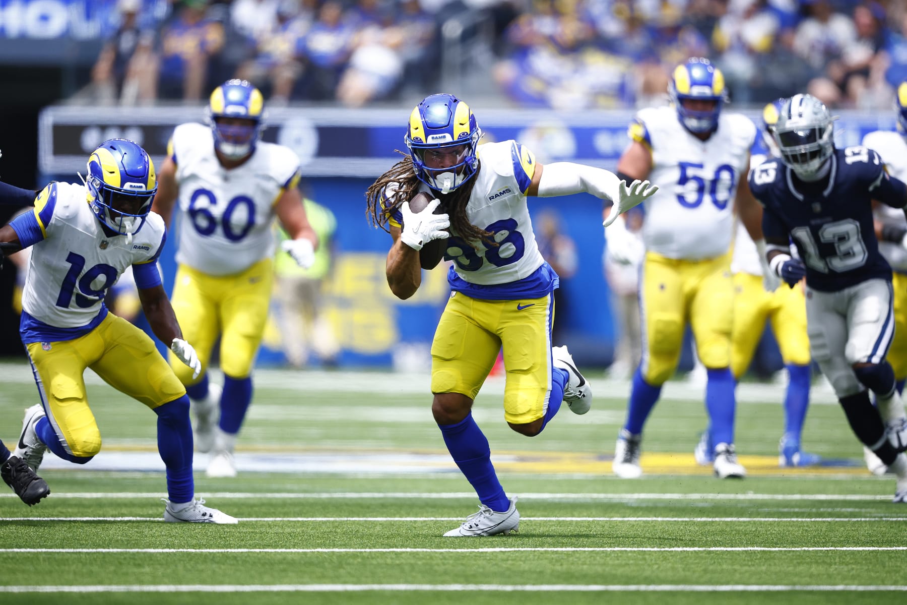 INGLEWOOD, CALIFORNIA - AUGUST 11:  Jordan Whittington #88 of the Los Angeles Rams runs the ball against the Dallas Cowboys in the first half during a preseason game at SoFi Stadium on August 11, 2024 in Inglewood, California. (Photo by Ronald Martinez/Getty Images)
