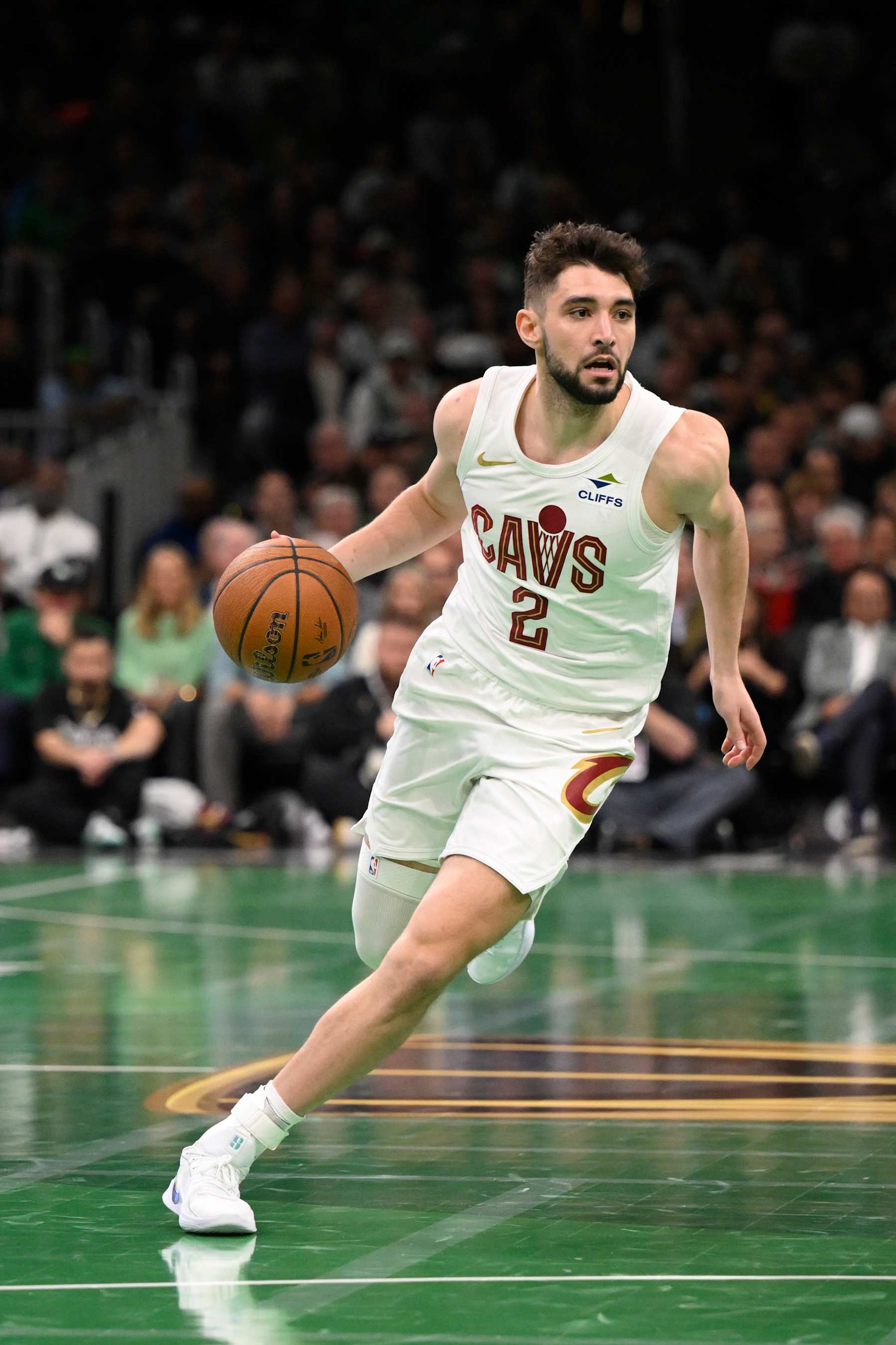 BOSTON, MA - NOVEMBER 19: Ty Jerome #2 of the Cleveland Cavaliers dribbles the ball during the game against the Boston Celtics during the Emirates NBA Cup game on November 19, 2024 at TD Garden in Boston, Massachusetts. NOTE TO USER: User expressly acknowledges and agrees that, by downloading and/or using this Photograph, user is consenting to the terms and conditions of the Getty Images License Agreement. Mandatory Copyright Notice: Copyright 2024 NBAE (Photo by David Dow/NBAE via Getty Images)