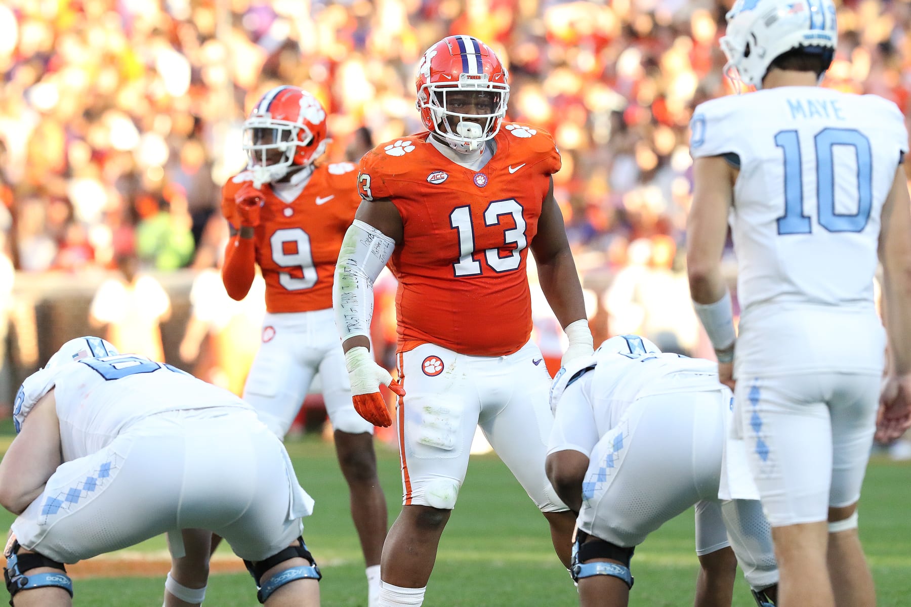 CLEMSON, SC - NOVEMBER 18: Clemson Tigers defensive tackle Tyler Davis (13) during a college football game between the North Carolina Tar Heels and the Clemson Tigers on November 18, 2023 at Clemson Memorial Stadium in Clemson, S.C.  (Photo by John Byrum/Icon Sportswire via Getty Images)