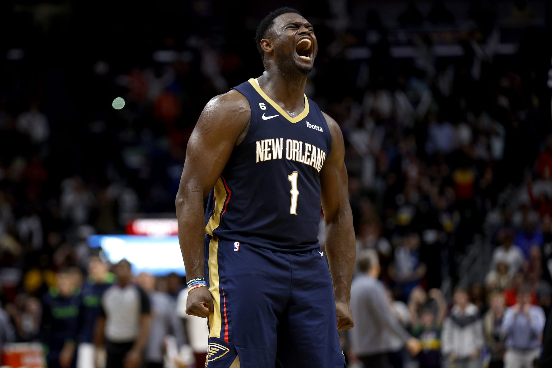 NEW ORLEANS, LOUISIANA - DECEMBER 28: Zion Williamson #1 of the New Orleans Pelicans reacts after scoring during the fourth quarter of an NBA game against the Minnesota Timberwolves at Smoothie King Center on December 28, 2022 in New Orleans, Louisiana. NOTE TO USER: User expressly acknowledges and agrees that, by downloading and or using this photograph, User is consenting to the terms and conditions of the Getty Images License Agreement. (Photo by Sean Gardner/Getty Images)
