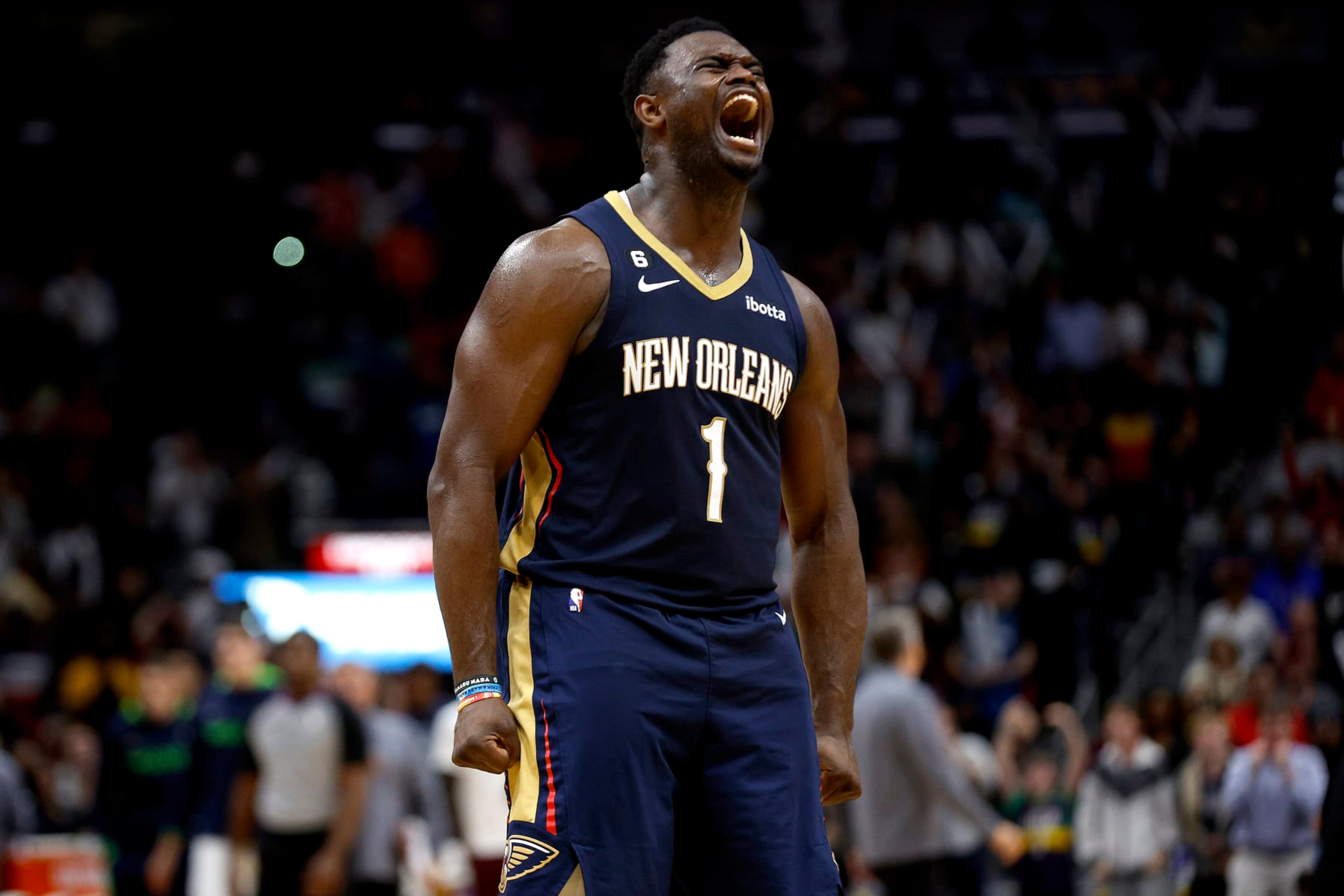 NEW ORLEANS, LOUISIANA - DECEMBER 28: Zion Williamson #1 of the New Orleans Pelicans reacts after scoring during the fourth quarter of an NBA game against the Minnesota Timberwolves at Smoothie King Center on December 28, 2022 in New Orleans, Louisiana. NOTE TO USER: User expressly acknowledges and agrees that, by downloading and or using this photograph, User is consenting to the terms and conditions of the Getty Images License Agreement. (Photo by Sean Gardner/Getty Images) NEW ORLEANS, LOUISIANA - DECEMBER 28: Zion Williamson #1 of the New Orleans Pelicans reacts after scoring during the fourth quarter of an NBA game against the Minnesota Timberwolves at Smoothie King Center on December 28, 2022 in New Orleans, Louisiana. NOTE TO USER: User expressly acknowledges and agrees that, by downloading and or using this photograph, User is consenting to the terms and conditions of the Getty Images License Agreement. (Photo by Sean Gardner/Getty Images)
