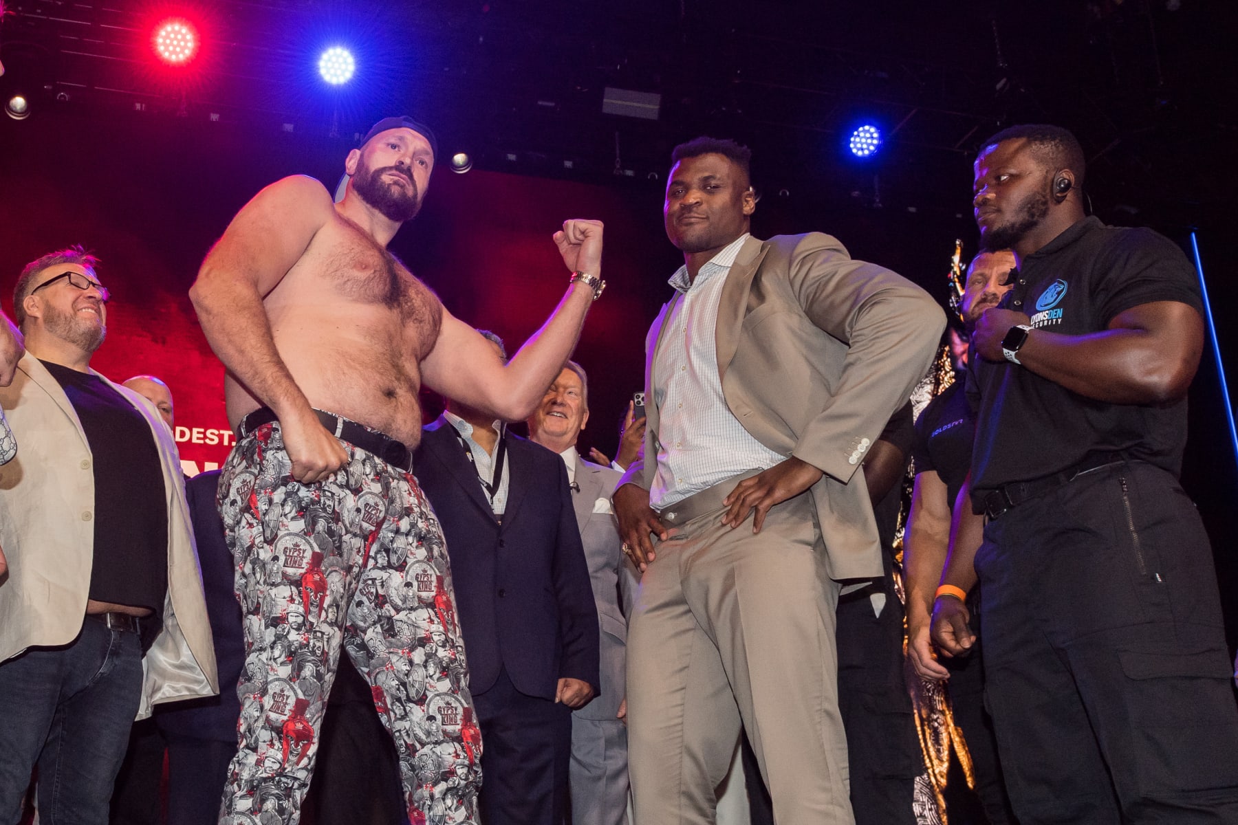 LONDON, UNITED KINGDOM - SEPTEMBER 07: Tyson Fury and Francis Ngannou face off during a kick-off press conference at the Here at Outernet in London, United Kingdom on September 07, 2023. Fury and Ngannou will take part in a 10-round boxing match on Saturday, October 28th in Riyadh, Saudi Arabia, which will mark the opening of this year's Riyadh Season. (Photo by Wiktor Szymanowicz/Anadolu Agency via Getty Images)