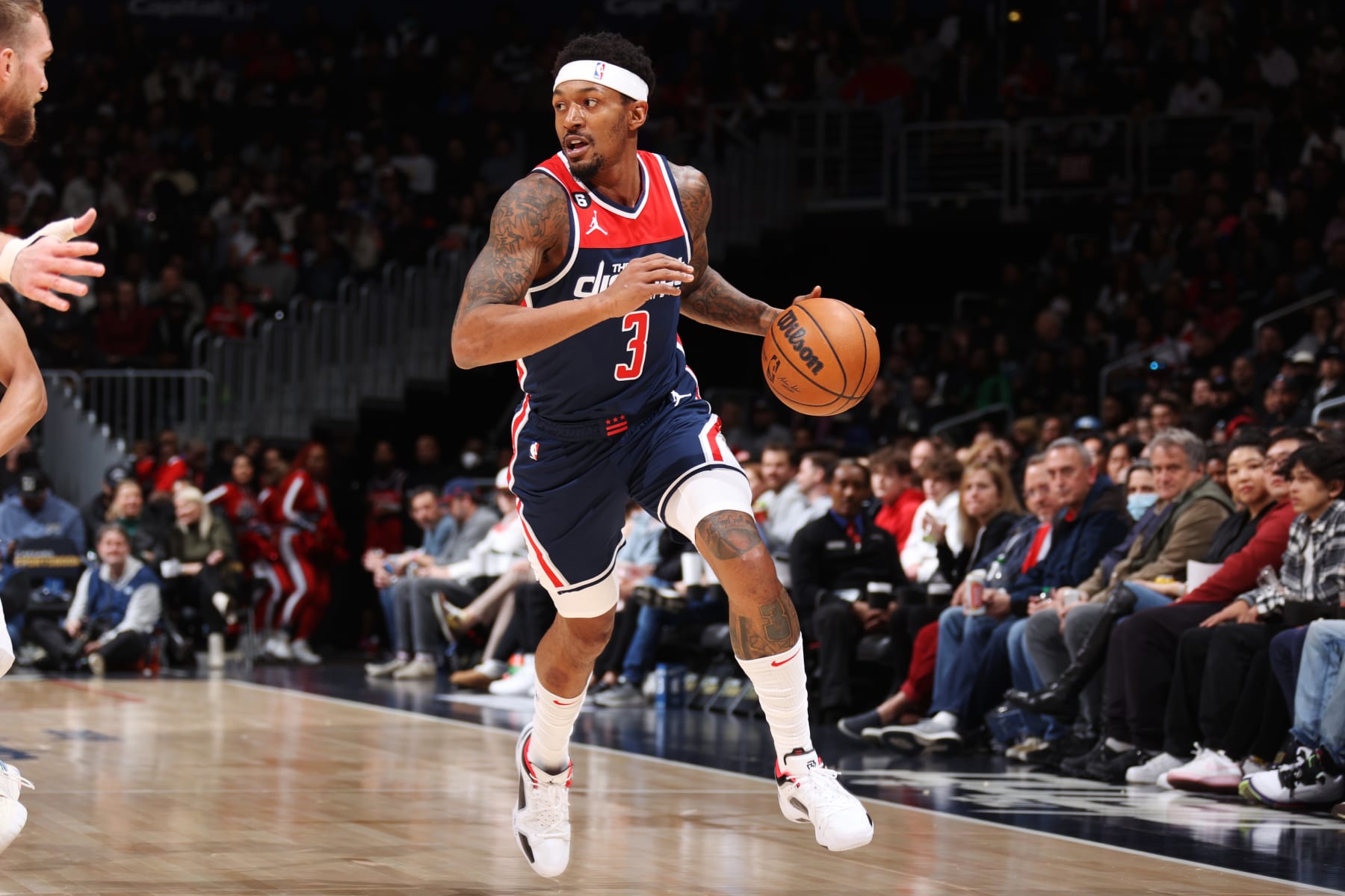 WASHINGTON, DC -  MARCH 18: Bradley Beal #3 of the Washington Wizards drives to the basket during the game against the Sacramento Kings on March 18, 2023 at Capital One Arena in Washington, DC. NOTE TO USER: User expressly acknowledges and agrees that, by downloading and or using this Photograph, user is consenting to the terms and conditions of the Getty Images License Agreement. Mandatory Copyright Notice: Copyright 2023 NBAE (Photo by Stephen Gosling/NBAE via Getty Images)