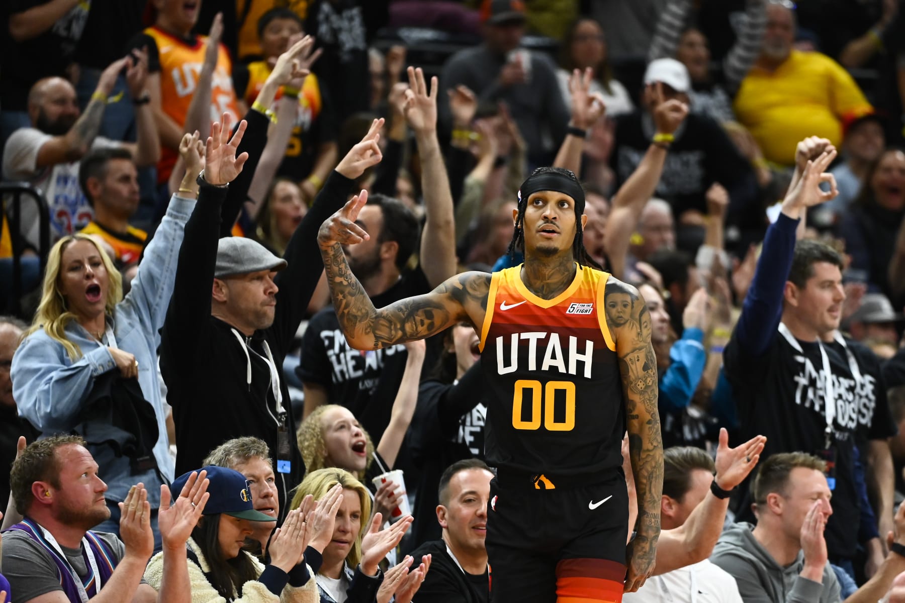 SALT LAKE CITY, UTAH - APRIL 28: Jordan Clarkson #00 of the Utah Jazz celebrates a three point play during the first half of Game 6 of the Western Conference First Round Playoffs against the Dallas Mavericks at Vivint Smart Home Arena on April 28, 2022 in Salt Lake City, Utah. NOTE TO USER: User expressly acknowledges and agrees that, by downloading and/or using this Photograph, user is consenting to the terms and conditions of the Getty Images License Agreement. (Photo by Alex Goodlett/Getty Images) SALT LAKE CITY, UTAH - APRIL 28: Jordan Clarkson #00 of the Utah Jazz celebrates a three point play during the first half of Game 6 of the Western Conference First Round Playoffs against the Dallas Mavericks at Vivint Smart Home Arena on April 28, 2022 in Salt Lake City, Utah. NOTE TO USER: User expressly acknowledges and agrees that, by downloading and/or using this Photograph, user is consenting to the terms and conditions of the Getty Images License Agreement. (Photo by Alex Goodlett/Getty Images)