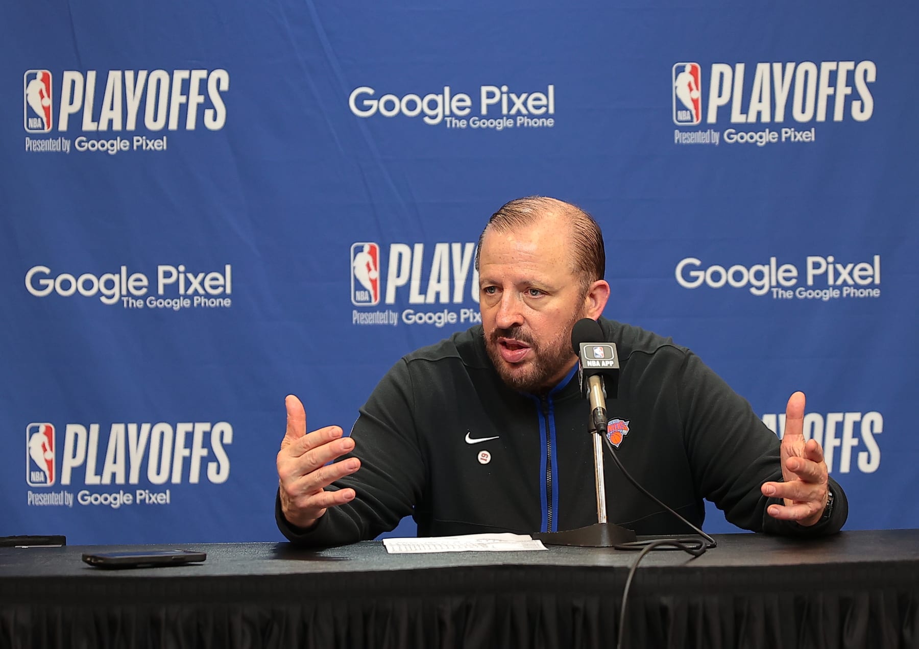 NEW YORK, UNITED STATES - APRIL 21: The Head Coach of the New York Knicks, Tom Thibodeau attends the press briefing after the game against the Cleveland Cavaliers at the Madison Square Garden, New York City, United States on April 21, 2023. (Photo by Selcuk Acar/Anadolu Agency via Getty Images)