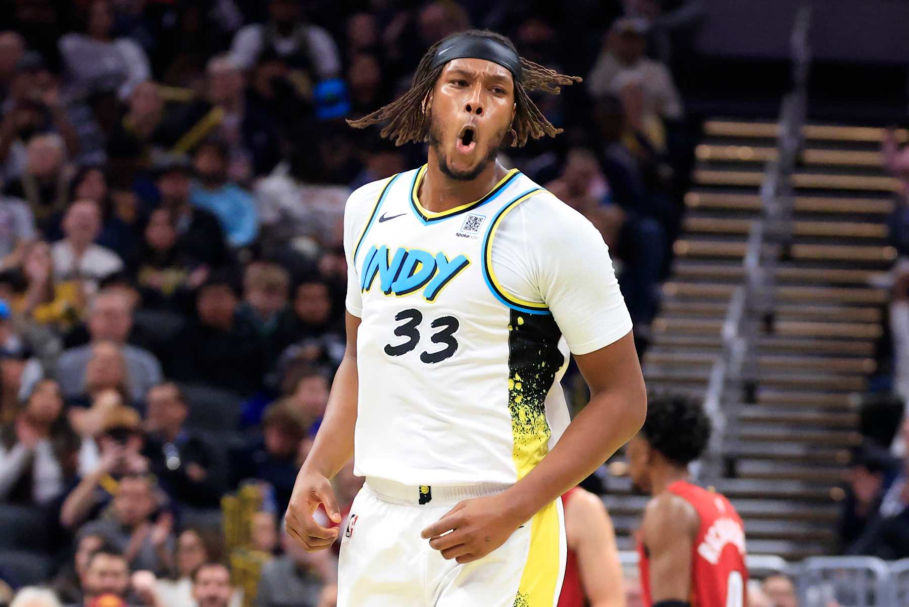 INDIANAPOLIS, INDIANA - NOVEMBER 17: Myles Turner #33 of the Indiana Pacers reacts against the Miami Heat at Gainbridge Fieldhouse on November 17, 2024 in Indianapolis, Indiana. NOTE TO USER: User expressly acknowledges and agrees that, by downloading and or using this photograph, User is consenting to the terms and conditions of the Getty Images License Agreement. (Photo by Justin Casterline/Getty Images)