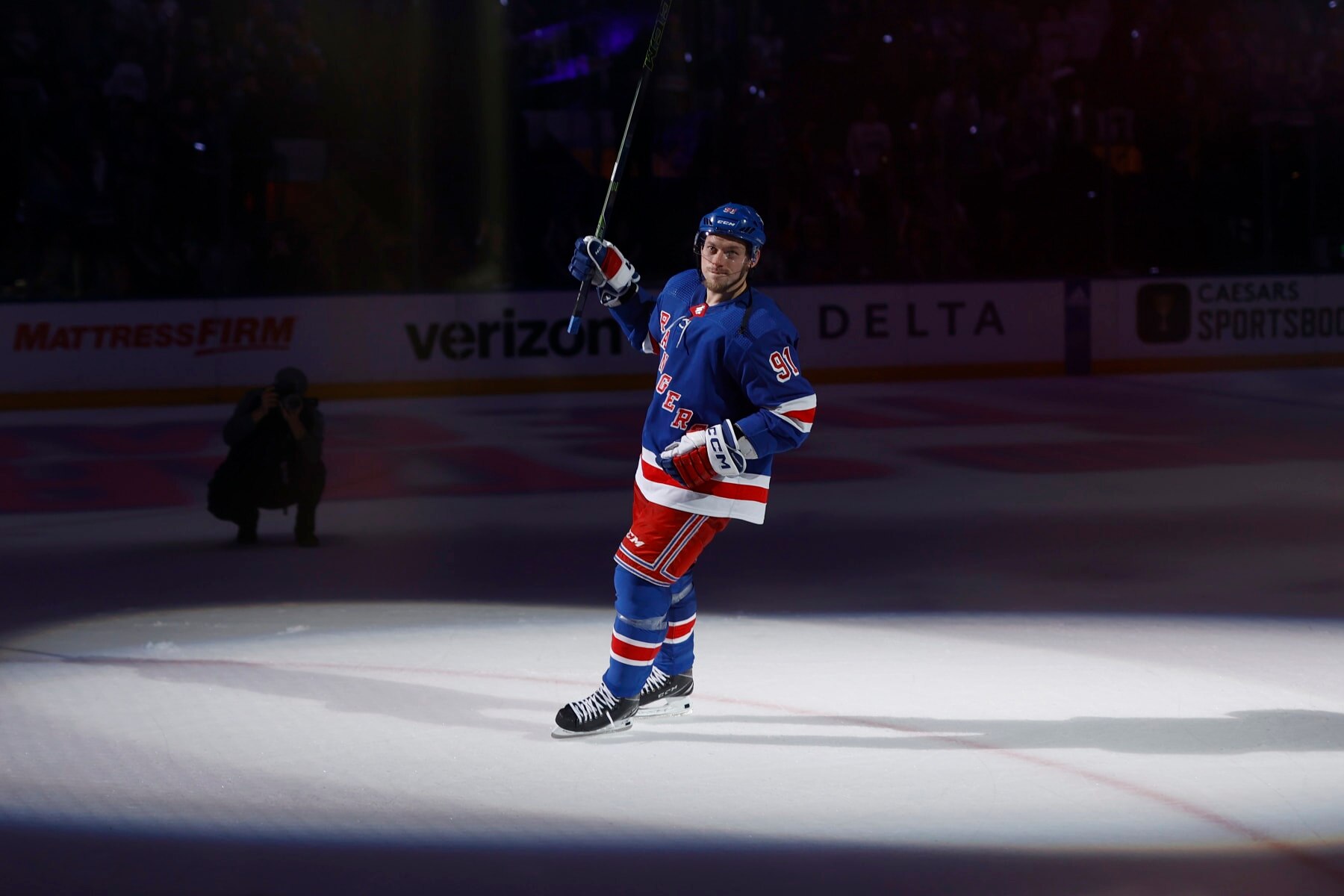 NEW YORK, NEW YORK - APRIL 29: Vladimir Tarasenko #91 celebrates after the New York Rangers defeat the New Jersey Devils 5-2 in Game Six of the First Round of the 2023 Stanley Cup Playoffs at Madison Square Garden on April 29, 2023 in New York, New York. (Photo by Josh Lobel/NHLI via Getty Images)