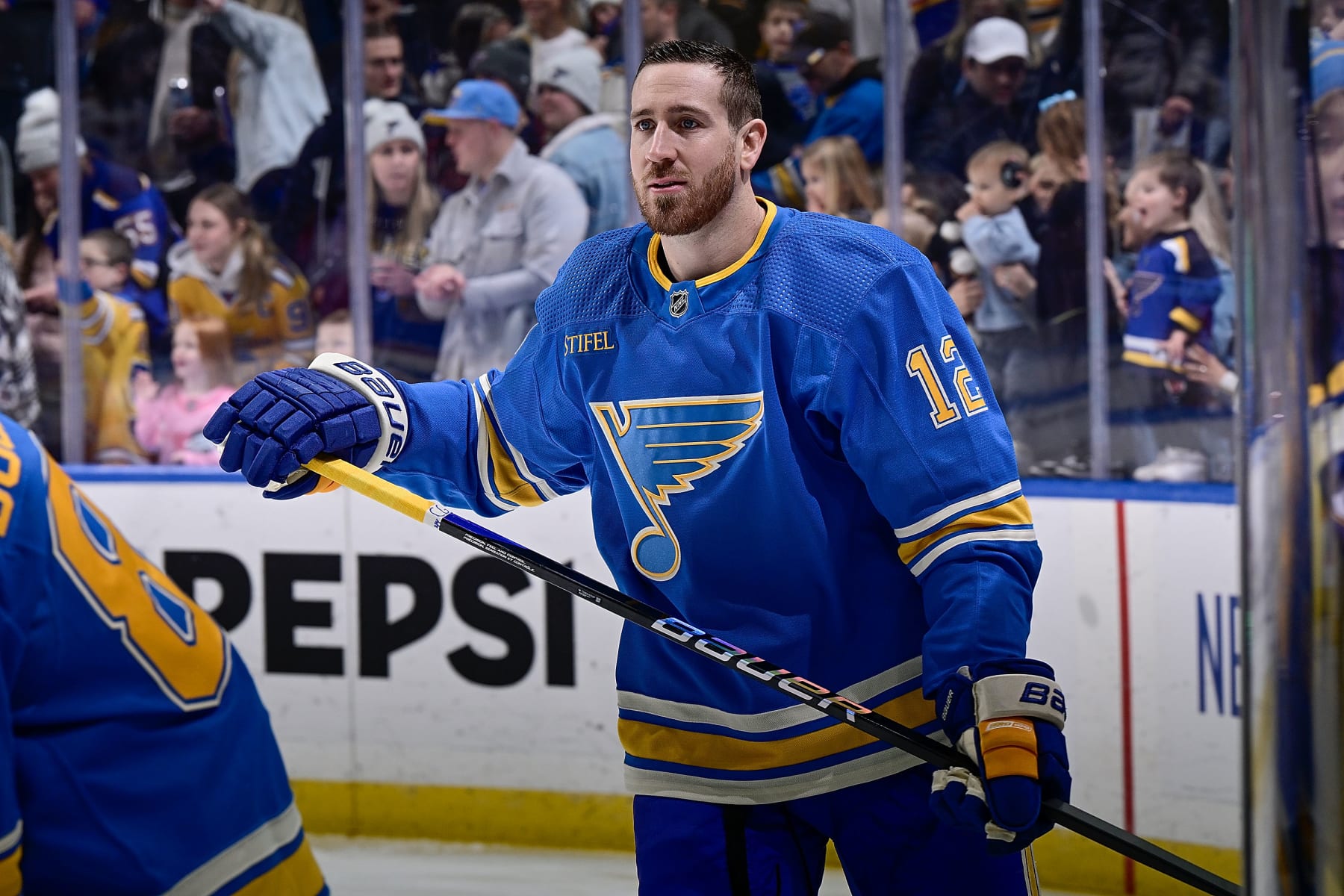 ST. LOUIS, MO - JANUARY 13: Kevin Hayes #12 of the St. Louis Blues during warmups against the Boston Bruins on January 13, 2024 at the Enterprise Center in St. Louis, Missouri. (Photo by Scott Rovak/NHLI via Getty Images)