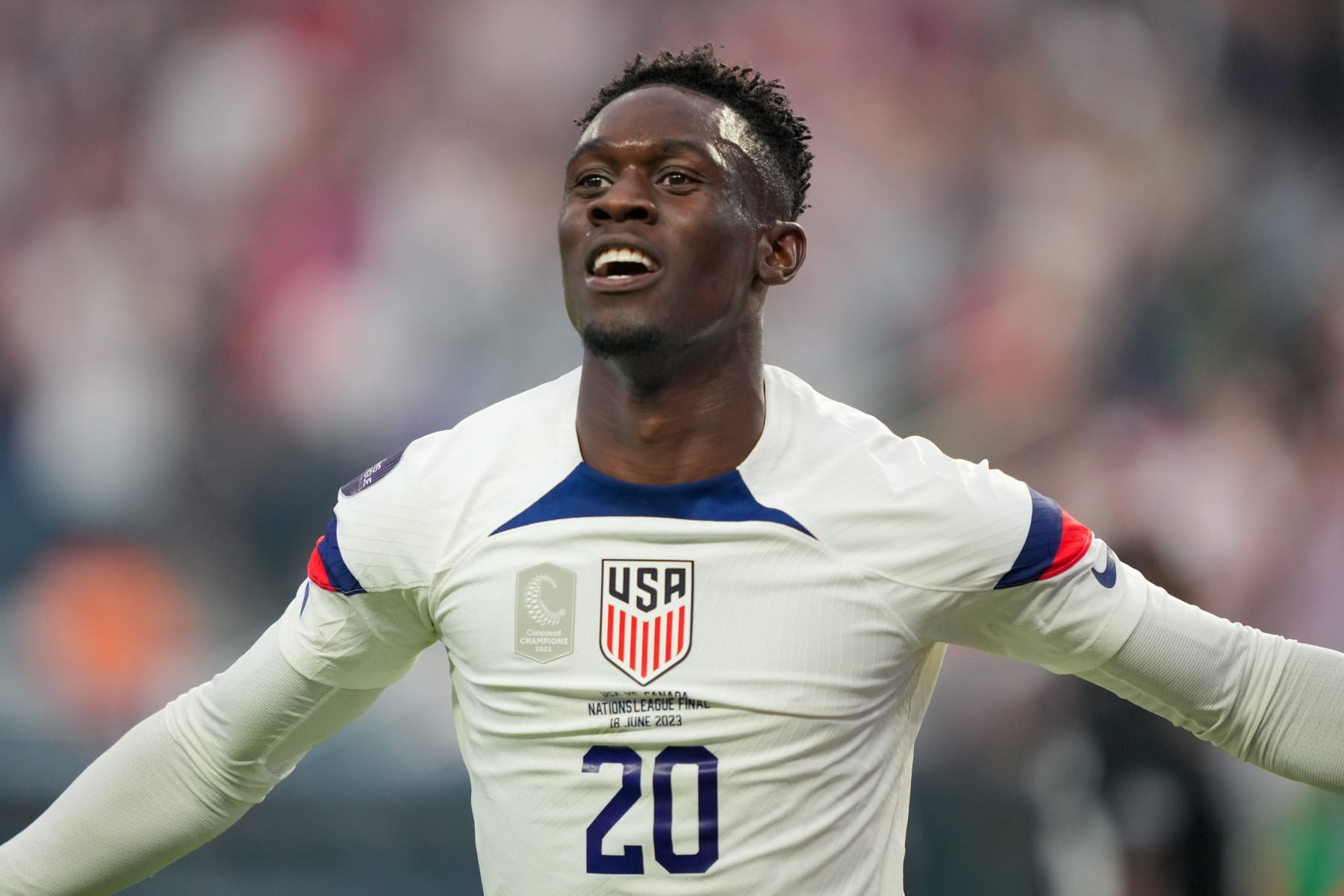 LAS VEGAS, NEVADA - JUNE 18: Folarin Balogun #20 of the United States celebrates scoring during the during the first half of the 2023 CONCACAF Nations League Final against Canada at Allegiant Stadium on June 18, 2023 in Las Vegas, Nevada. (Photo by John Todd/USSF/Getty Images for USSF)